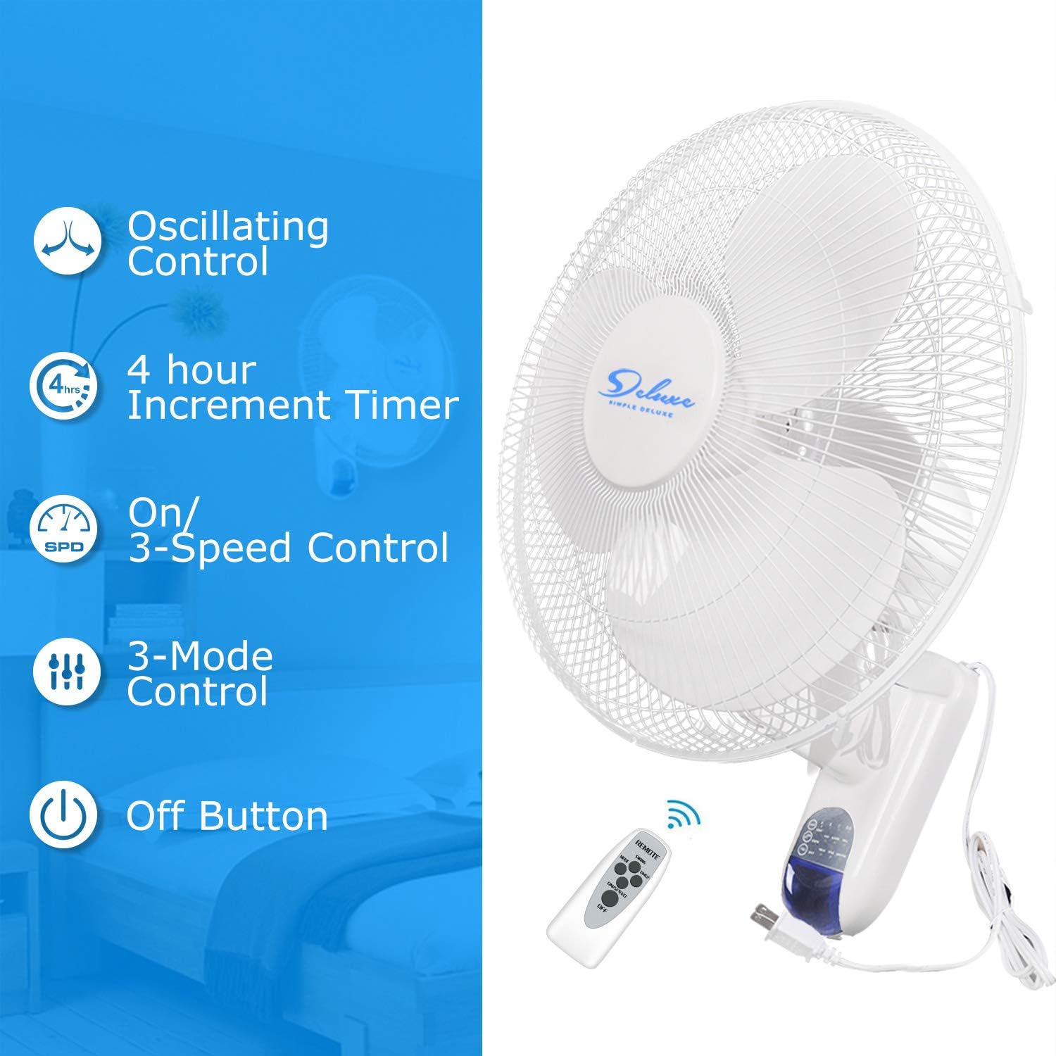 Simple Deluxe 16 Inch Wall Mount Fan with Remote Control, 3 Oscillating Modes, 3 Speed, Timer-1