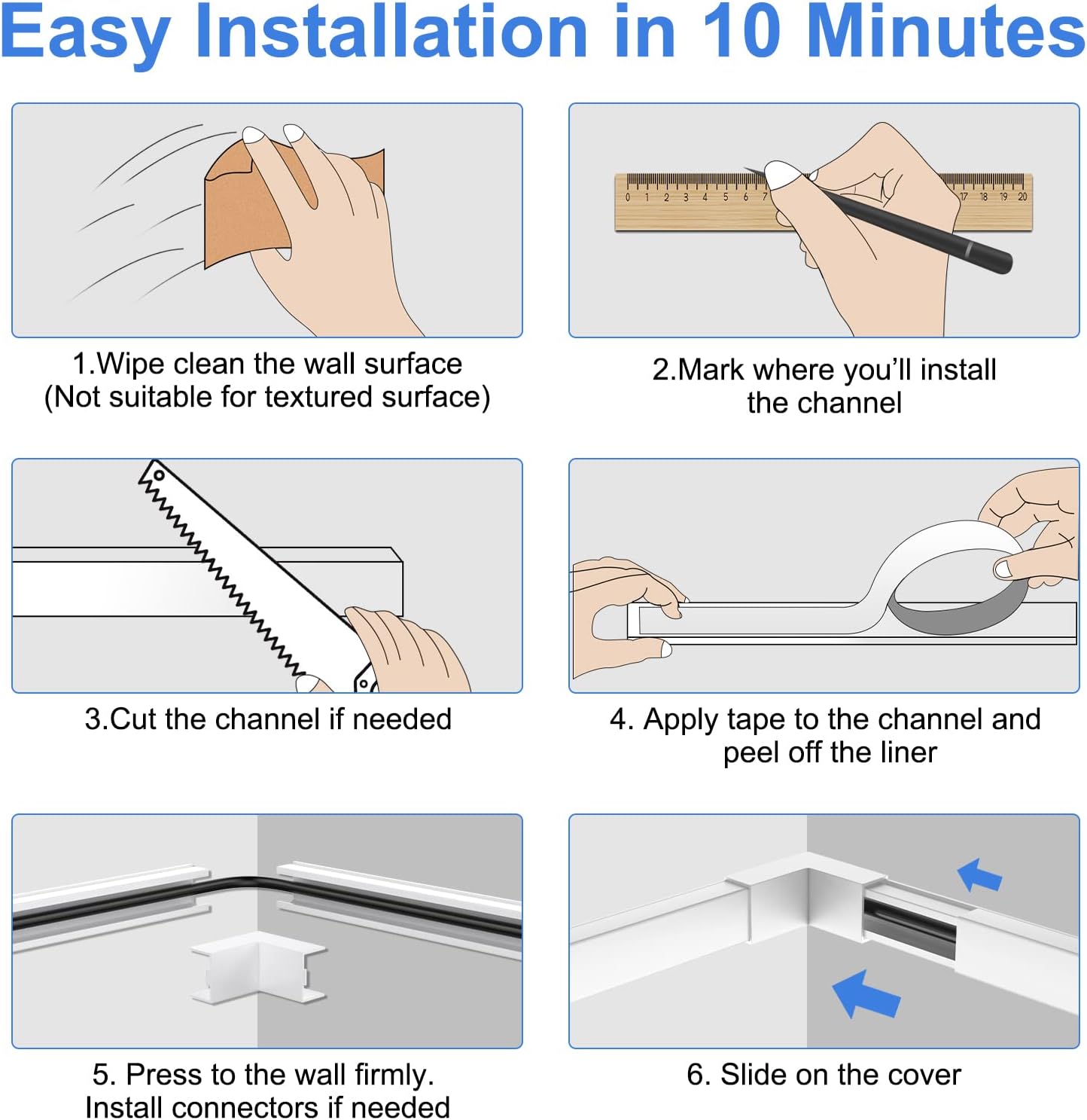 Yecaye 125in Cord Hider - One-Cord Cable Concealer - Cord Cover Wall with 13 Parts - Easy Install Cable Management Kit for 2 Small Wires, Cable Raceway Home Office, 8X L15.7in W0.59in H0.4in, White-5