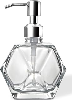 Modern Geometric Shape Clear Glass Soap Dispenser, Lotion Dispenser Bottle with Rust Proof Stainless Steel Pump for Kitchen, Bathroom Accessory, Countertop, Great for Soap, Lotions and Body Oil.