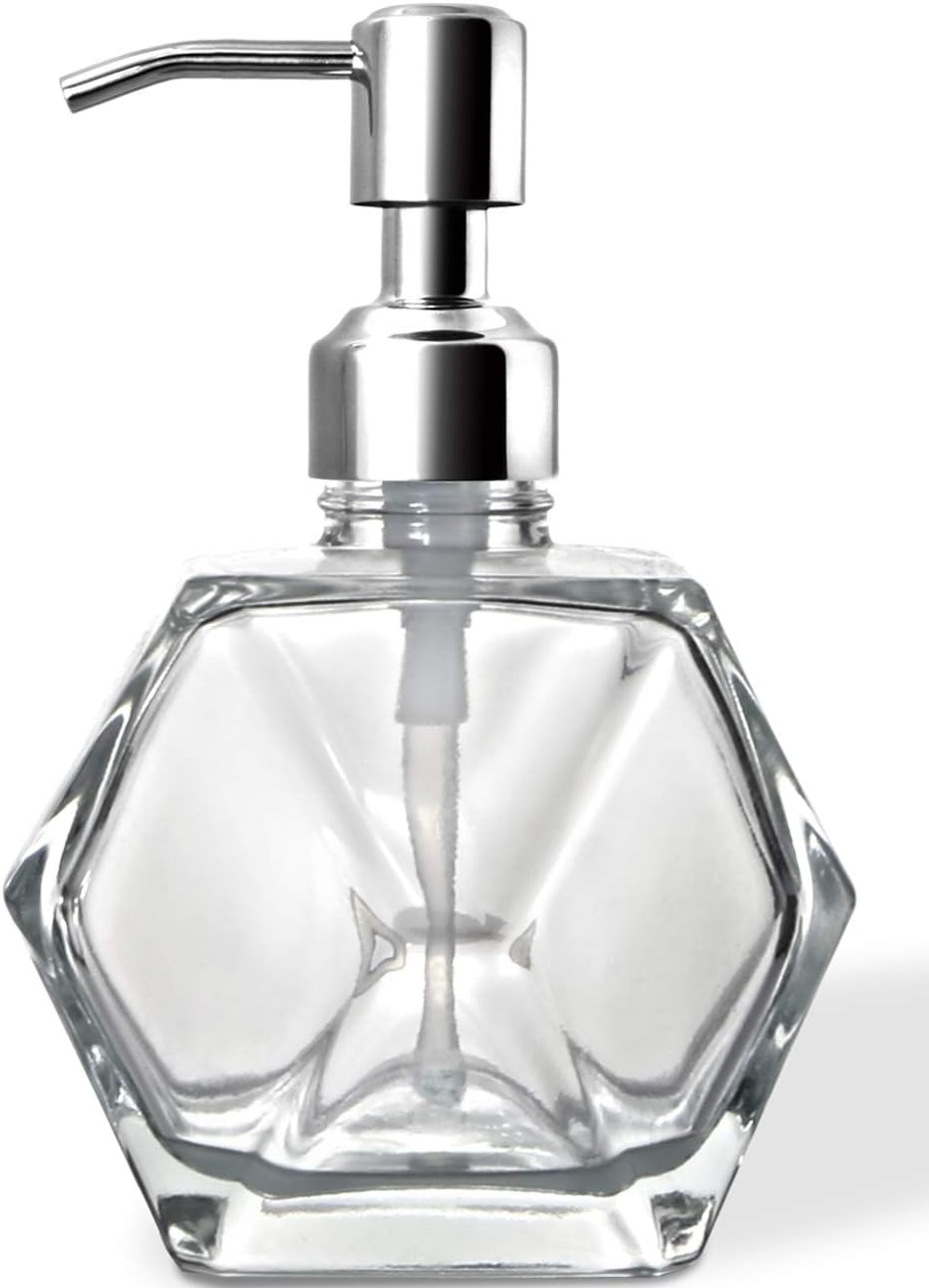 Modern Geometric Shape Clear Glass Soap Dispenser, Lotion Dispenser Bottle with Rust Proof Stainless Steel Pump for Kitchen, Bathroom Accessory, Countertop, Great for Soap, Lotions and Body Oil.-0