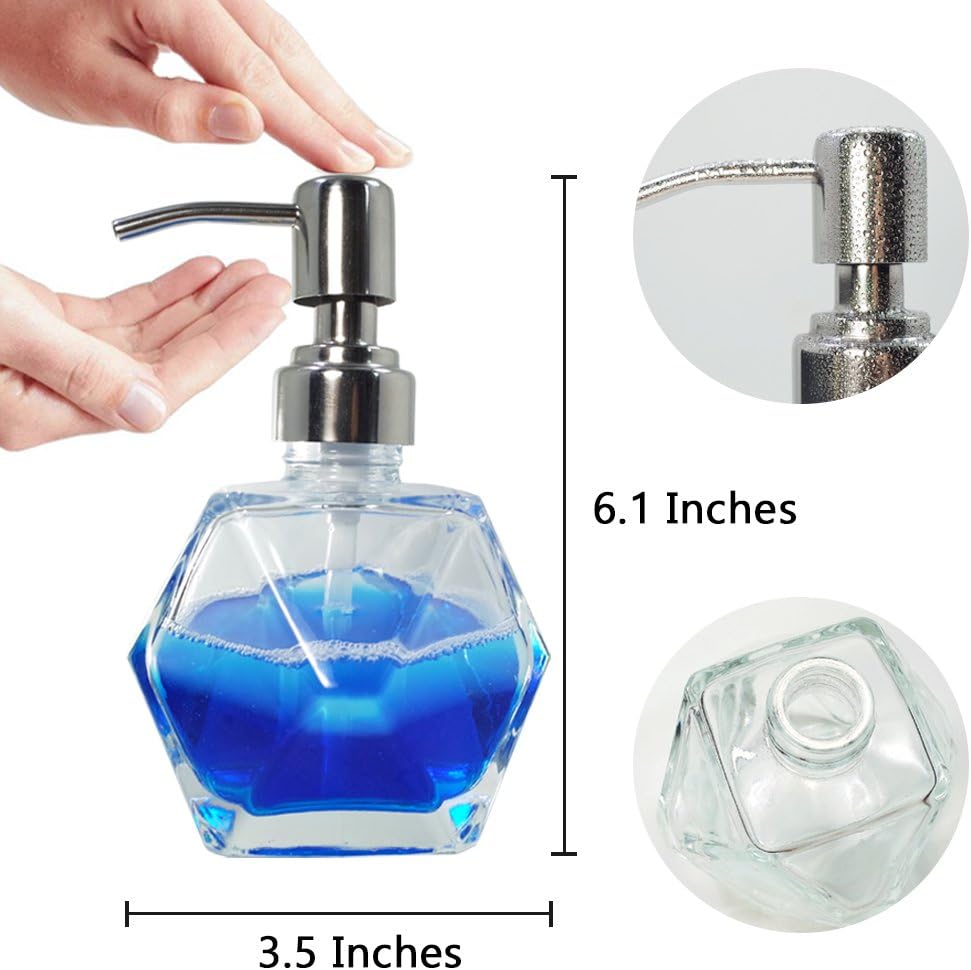 Modern Geometric Shape Clear Glass Soap Dispenser, Lotion Dispenser Bottle with Rust Proof Stainless Steel Pump for Kitchen, Bathroom Accessory, Countertop, Great for Soap, Lotions and Body Oil.-2