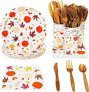 Juvale Autumn Paper Plates and Napkins, Cups, Cutlery for Thanksgiving, Fall Party Supplies (Serves 24, 144 Pieces)