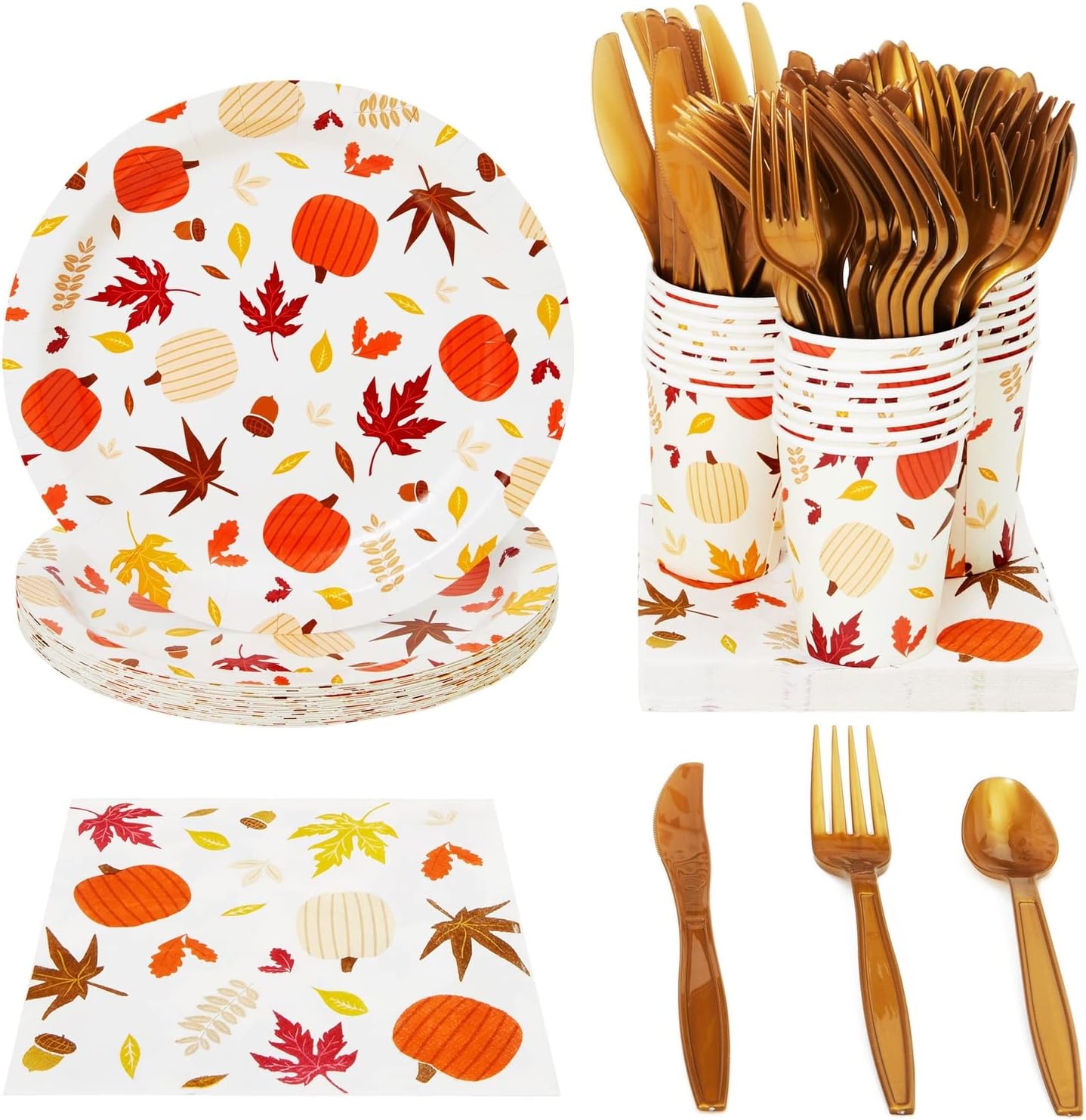 Juvale Autumn Paper Plates and Napkins, Cups, Cutlery for Thanksgiving, Fall Party Supplies (Serves 24, 144 Pieces)-0