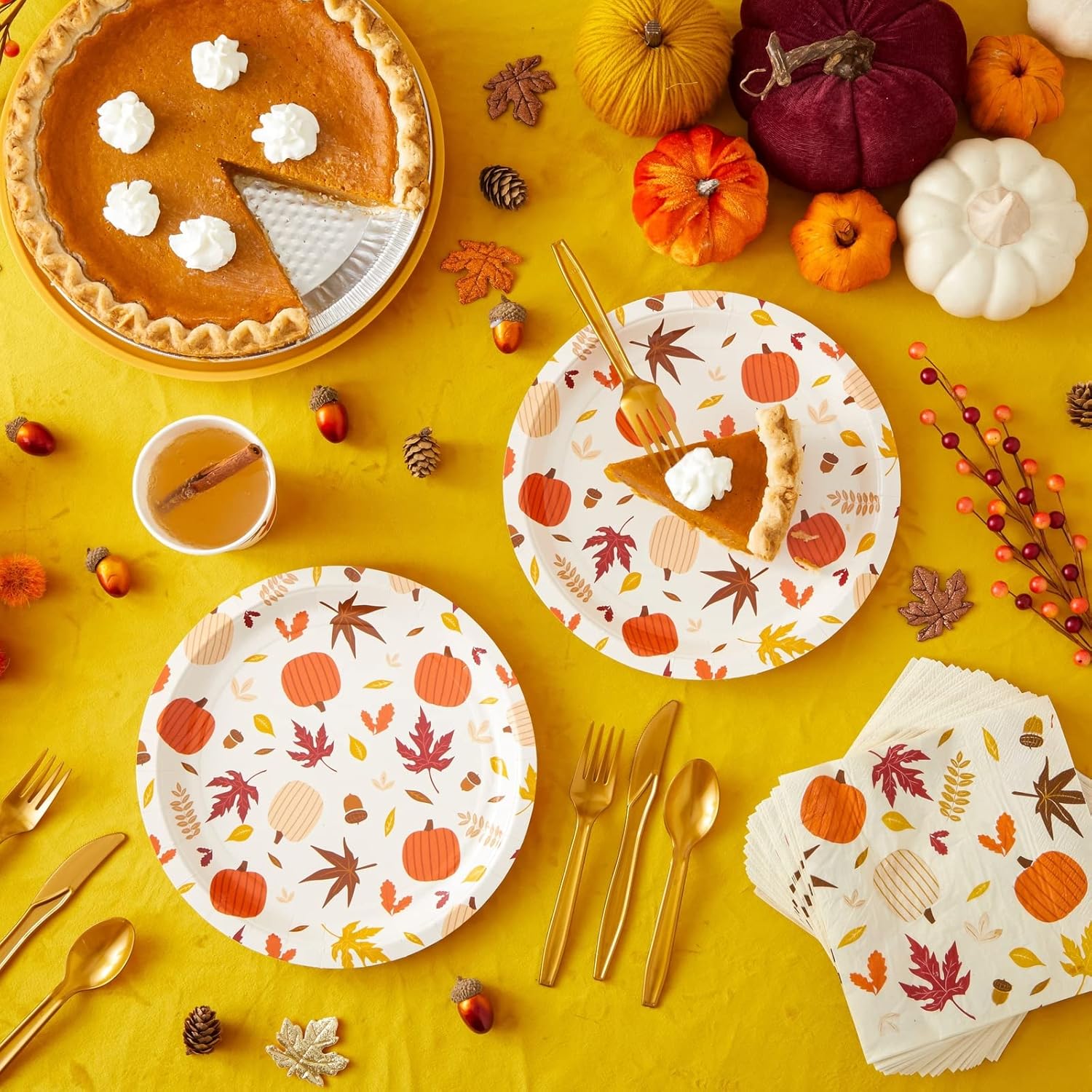 Juvale Autumn Paper Plates and Napkins, Cups, Cutlery for Thanksgiving, Fall Party Supplies (Serves 24, 144 Pieces)-1