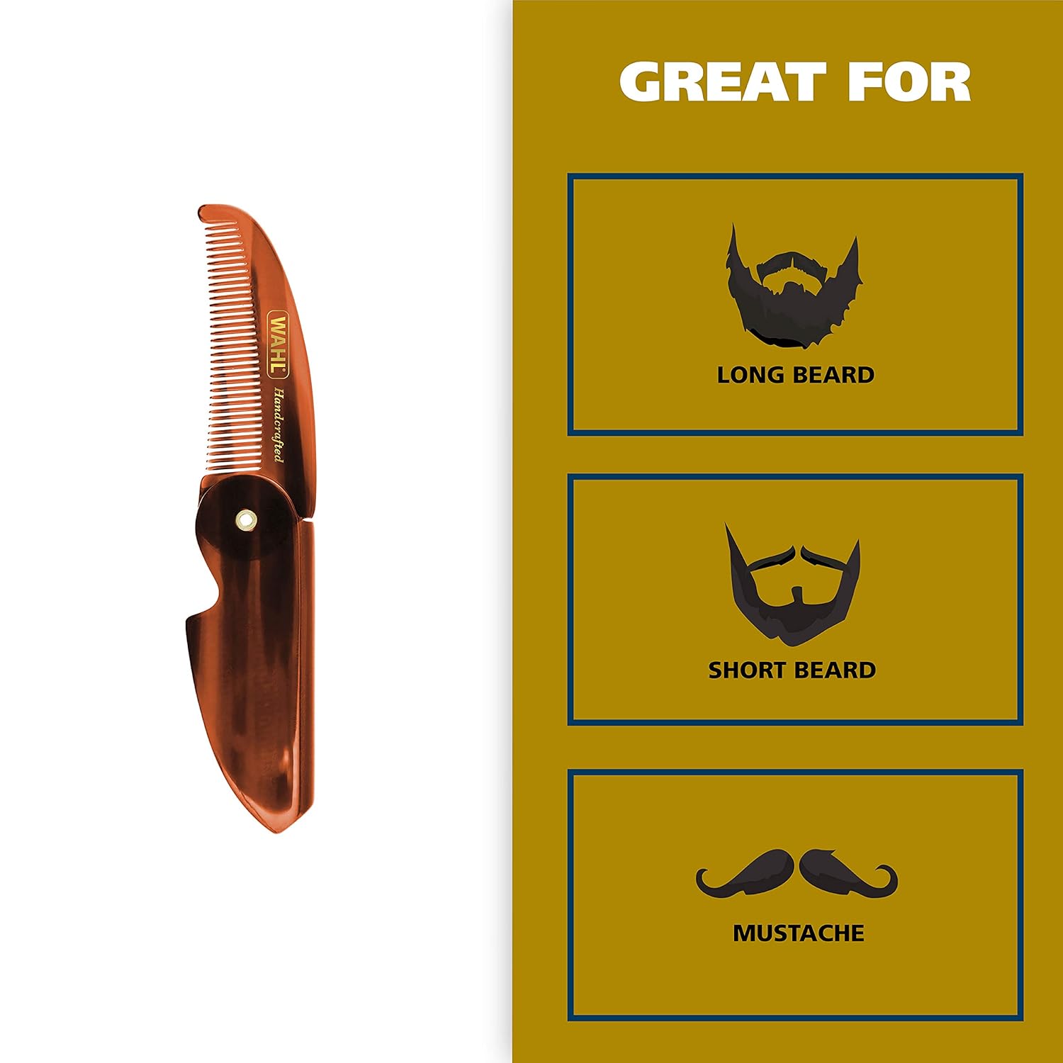 Wahl Beard & Mustache Folding Comb for Men's Grooming - Handcrafted & Hand Cut with Cellulose Acetate - Smooth, Rounded Tapered Teeth - Model 3326-2