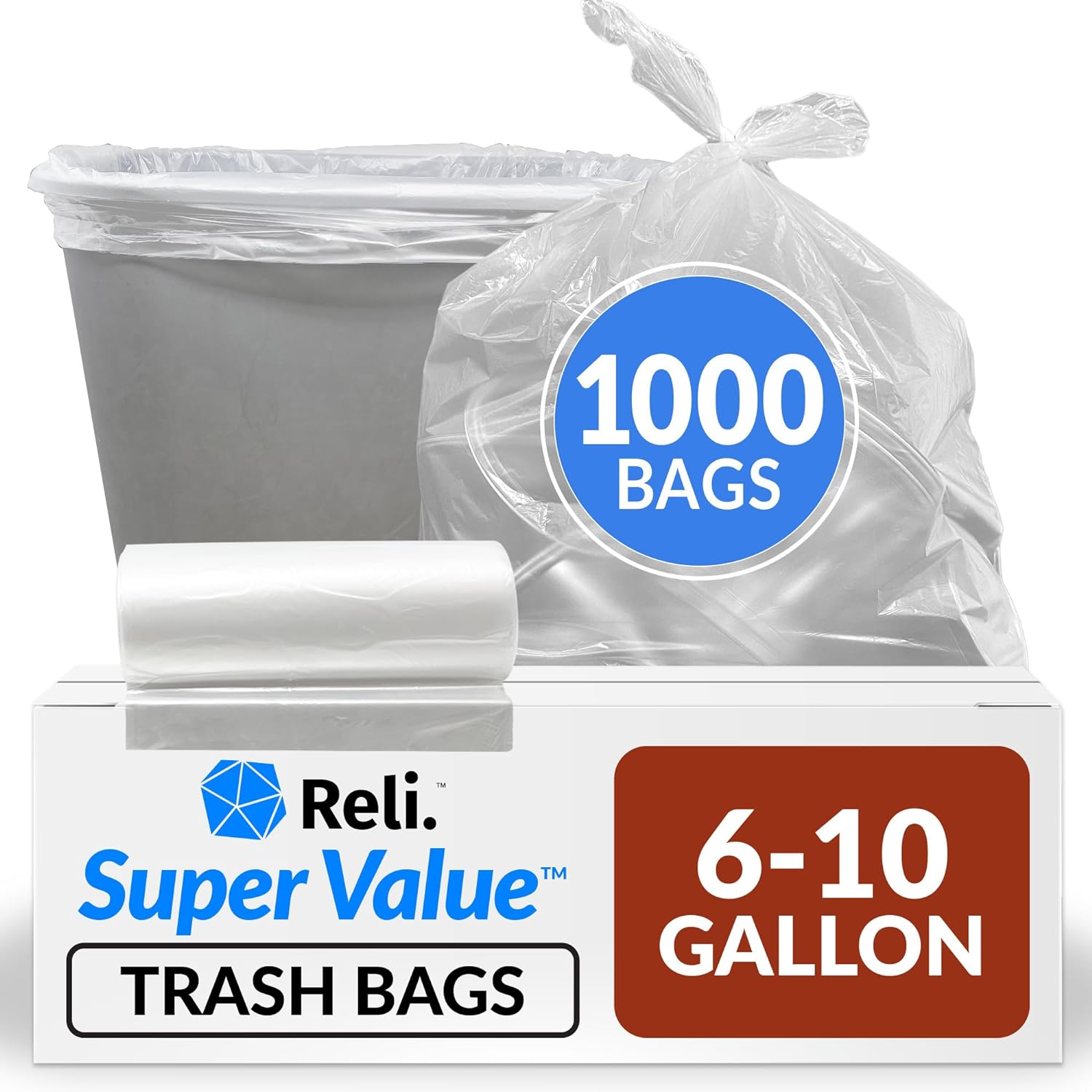 Reli. SuperValue 6-10 Gallon Trash Bags | 1000 Count Bulk | Can Liners | Clear Multi-Use Garbage Bags-0