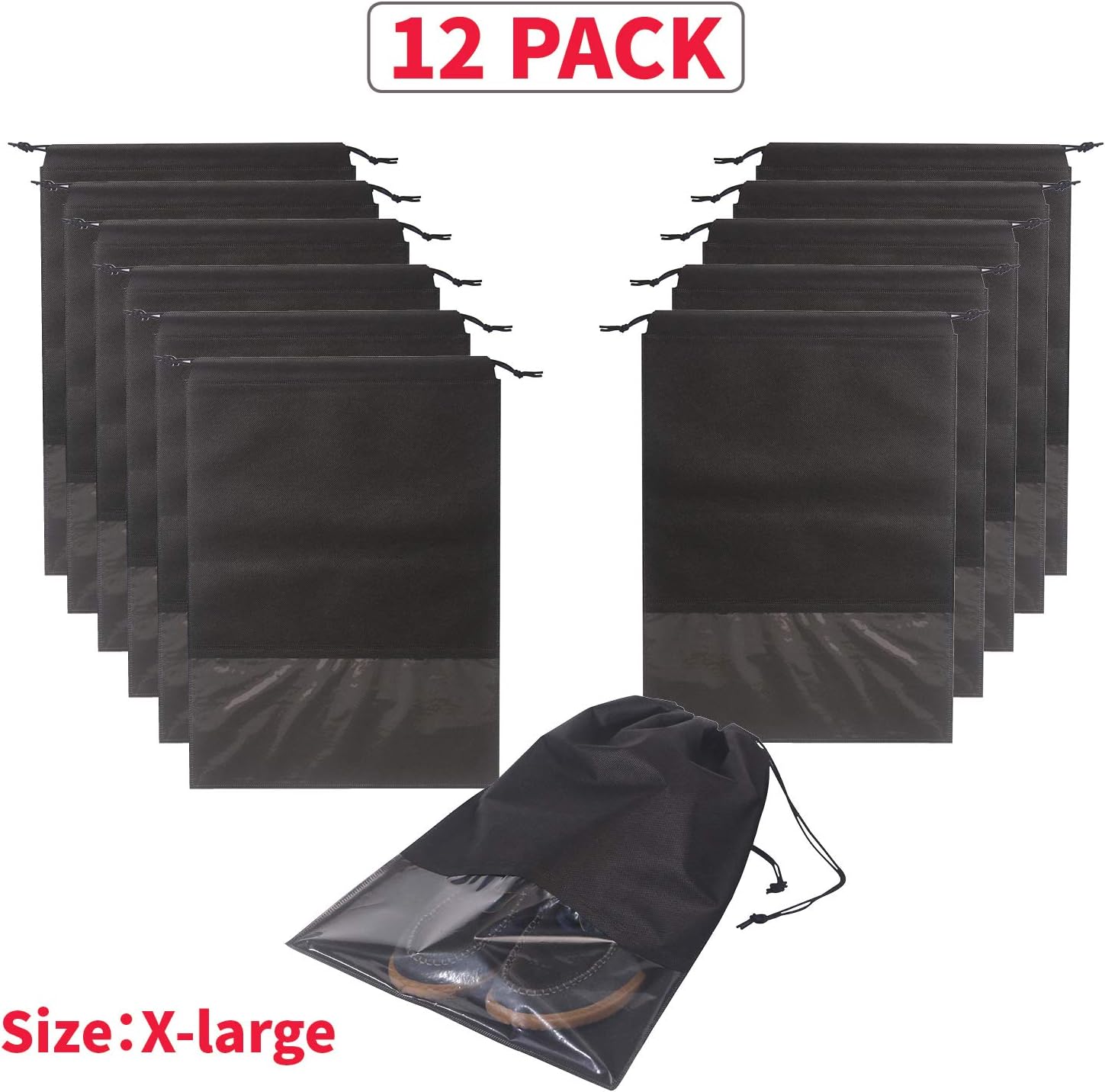 12PCS Travel Shoe Bags with Rope for Men and Women Large Shoes Pouch Storage Packing Organizers, Black-6