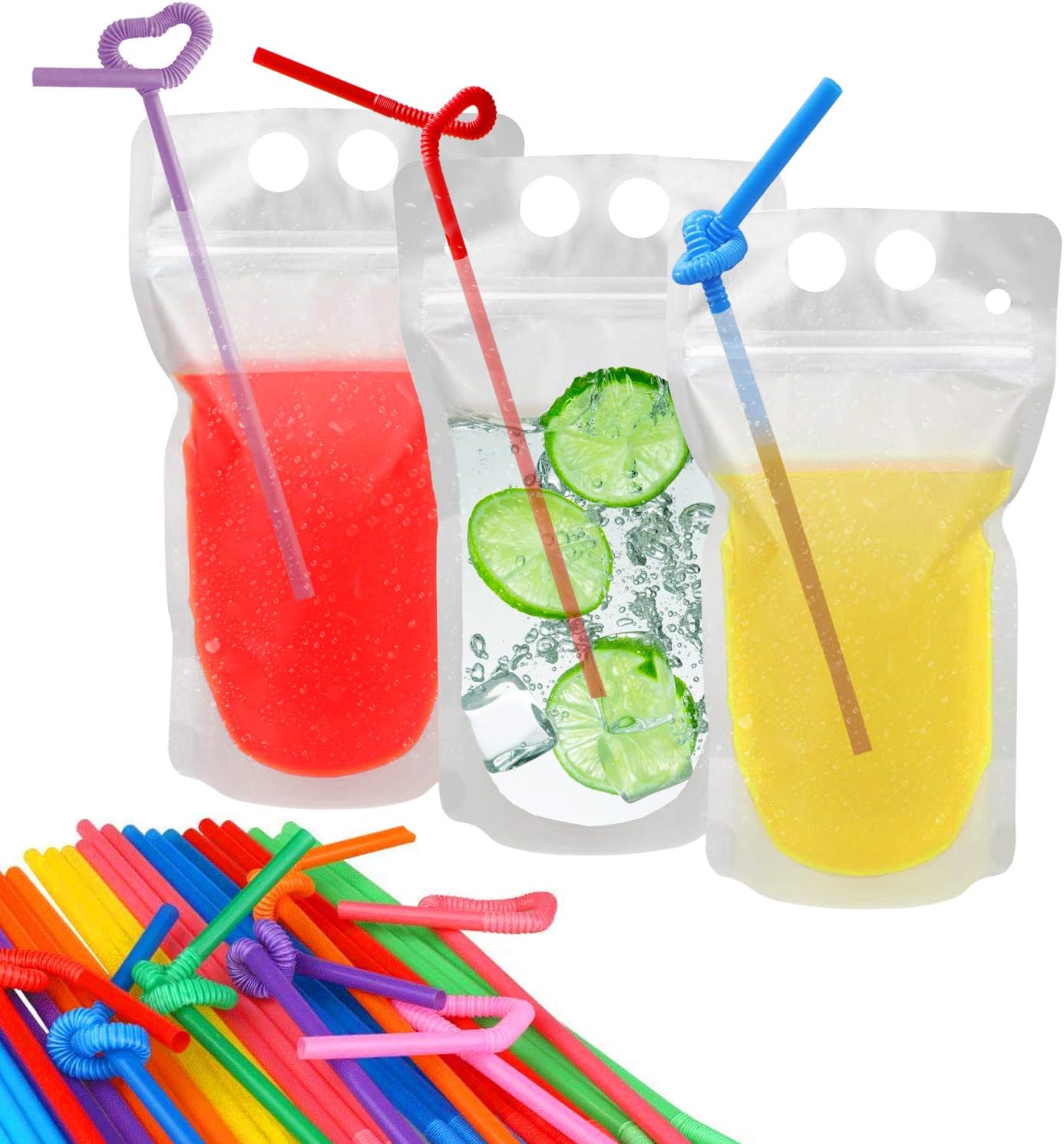 100 Pcs Drink Pouches with 100 Straw Holes, Freezable Juice Pouches, Translucent Reclosable Zipper Plastic Pouches Drink Bags for Cold & Hot Drinks for Adults and Kids-0