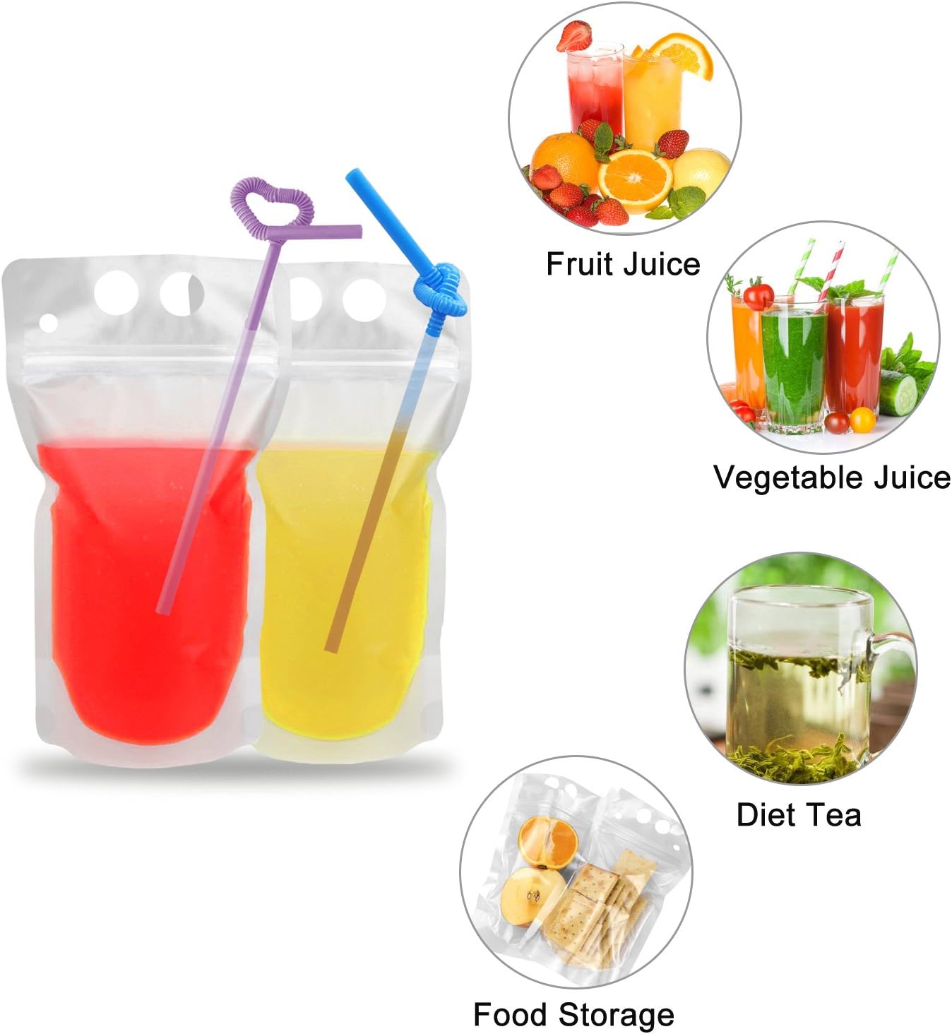 100 Pcs Drink Pouches with 100 Straw Holes, Freezable Juice Pouches, Translucent Reclosable Zipper Plastic Pouches Drink Bags for Cold & Hot Drinks for Adults and Kids-1