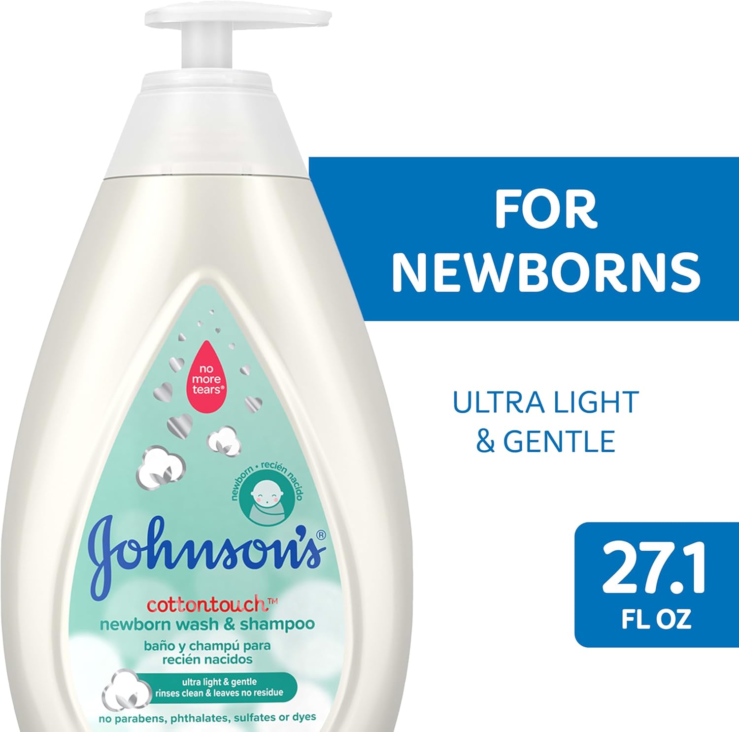 Johnson's CottonTouch Newborn Baby Wash & Shampoo with No More Tears, Sulfate-, Paraben- Free for Sensitive Skin, Made with Real Cotton, Gently Washes Away Dirt & Germs, 27.1 fl. oz-1