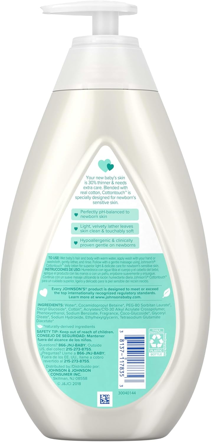 Johnson's CottonTouch Newborn Baby Wash & Shampoo with No More Tears, Sulfate-, Paraben- Free for Sensitive Skin, Made with Real Cotton, Gently Washes Away Dirt & Germs, 27.1 fl. oz-3