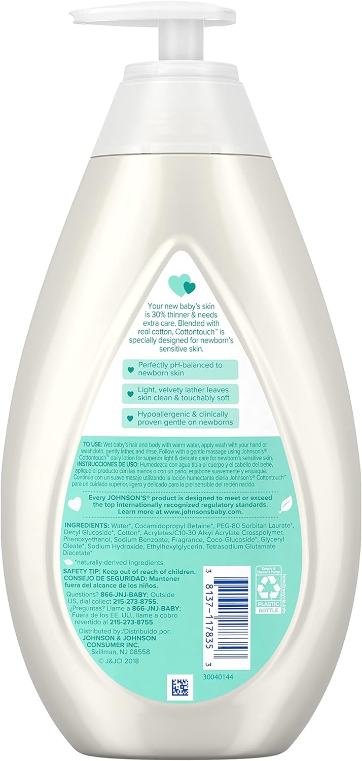 Johnson's CottonTouch Newborn Baby Wash & Shampoo with No More Tears, Sulfate-, Paraben- Free for Sensitive Skin, Made with Real Cotton, Gently Washes Away Dirt & Germs, 27.1 fl. oz-7