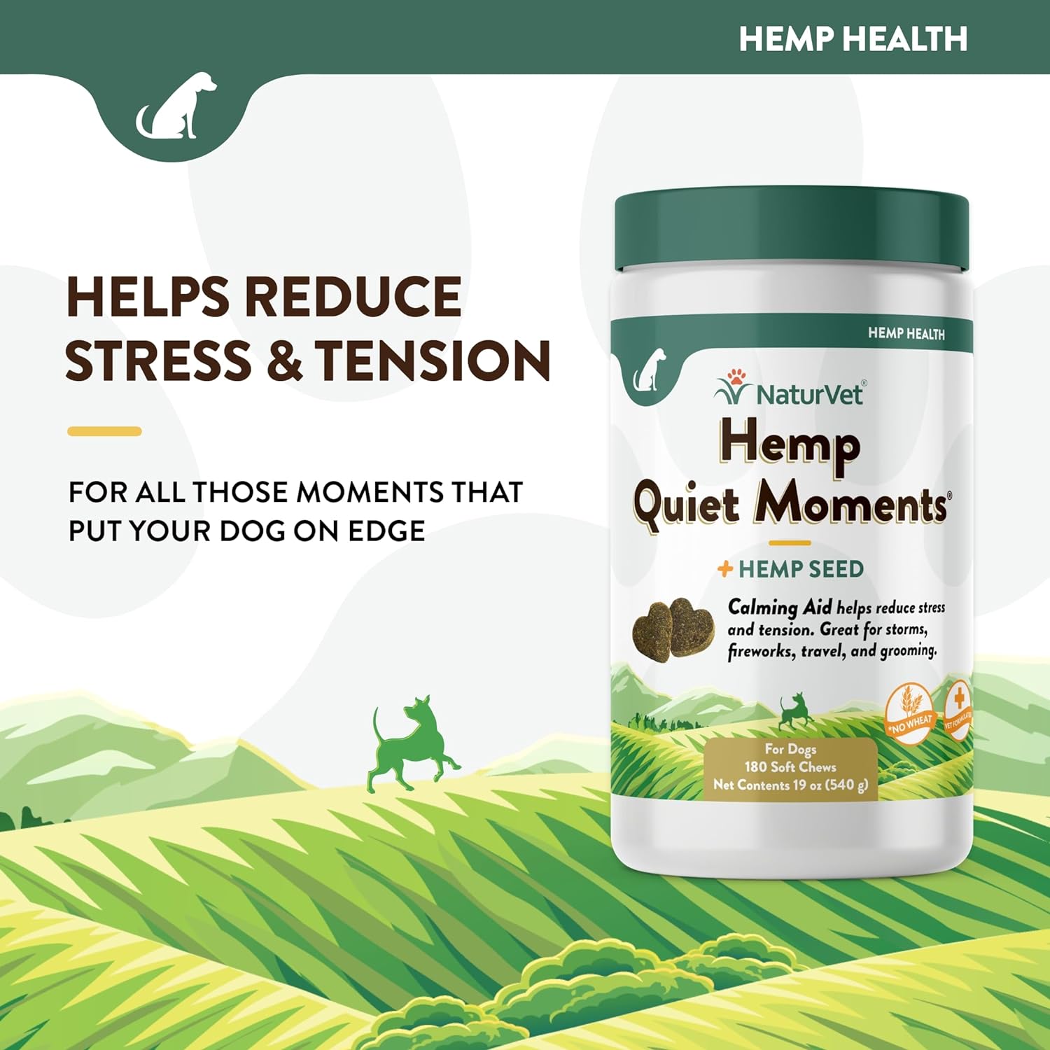 NaturVet Quiet Moments Calming Aid Dog Supplement, Helps Promote Relaxation, Reduce Stress, Storm Anxiety, Motion Sickness for Dogs (Quiet Moments Plus Hemp, 180 Soft Chews)-2