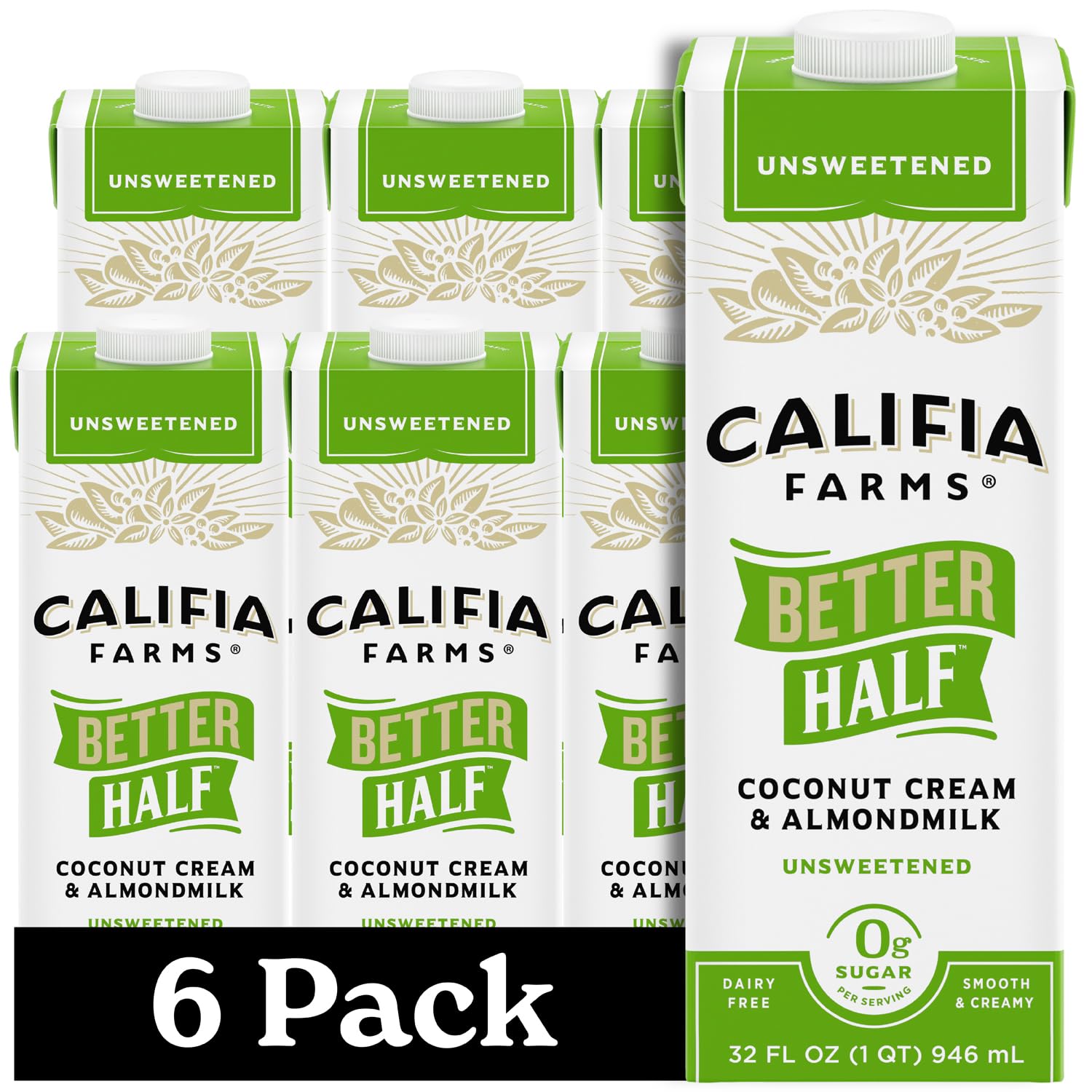 Califia Farms - Unsweetened Better Half, Half and Half Substitute, 32 Oz (Pack of 6), Almond Milk, Coconut Cream, Coffee Creamer, Keto, Shelf Stable, Dairy Free, Plant Based, Vegan-0