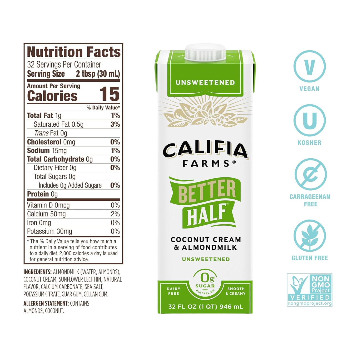 Califia Farms - Unsweetened Better Half, Half and Half Substitute, 32 Oz (Pack of 6), Almond Milk, Coconut Cream, Coffee Creamer, Keto, Shelf Stable, Dairy Free, Plant Based, Vegan-4