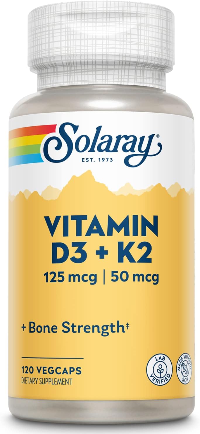 SOLARAY Vitamin D3 K2 - Bone Health and Immune Support Supplement - With 5000 IU Vitamin D as Vit D3 and 50 mcg Vitamin K2 as Menoquinone MK7, Made Without Soy, 60-Day Guarantee, 120 Serv, 120 VegCaps-0