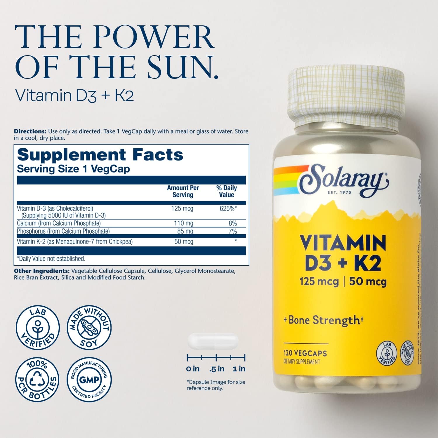 SOLARAY Vitamin D3 K2 - Bone Health and Immune Support Supplement - With 5000 IU Vitamin D as Vit D3 and 50 mcg Vitamin K2 as Menoquinone MK7, Made Without Soy, 60-Day Guarantee, 120 Serv, 120 VegCaps-1