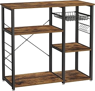 VASAGLE ALINRU Kitchen Baker’s Rack, Coffee Bar, Microwave Oven Stand, with Steel Frame, Wire Basket, 6 Hooks, 35.4", Rustic Brown