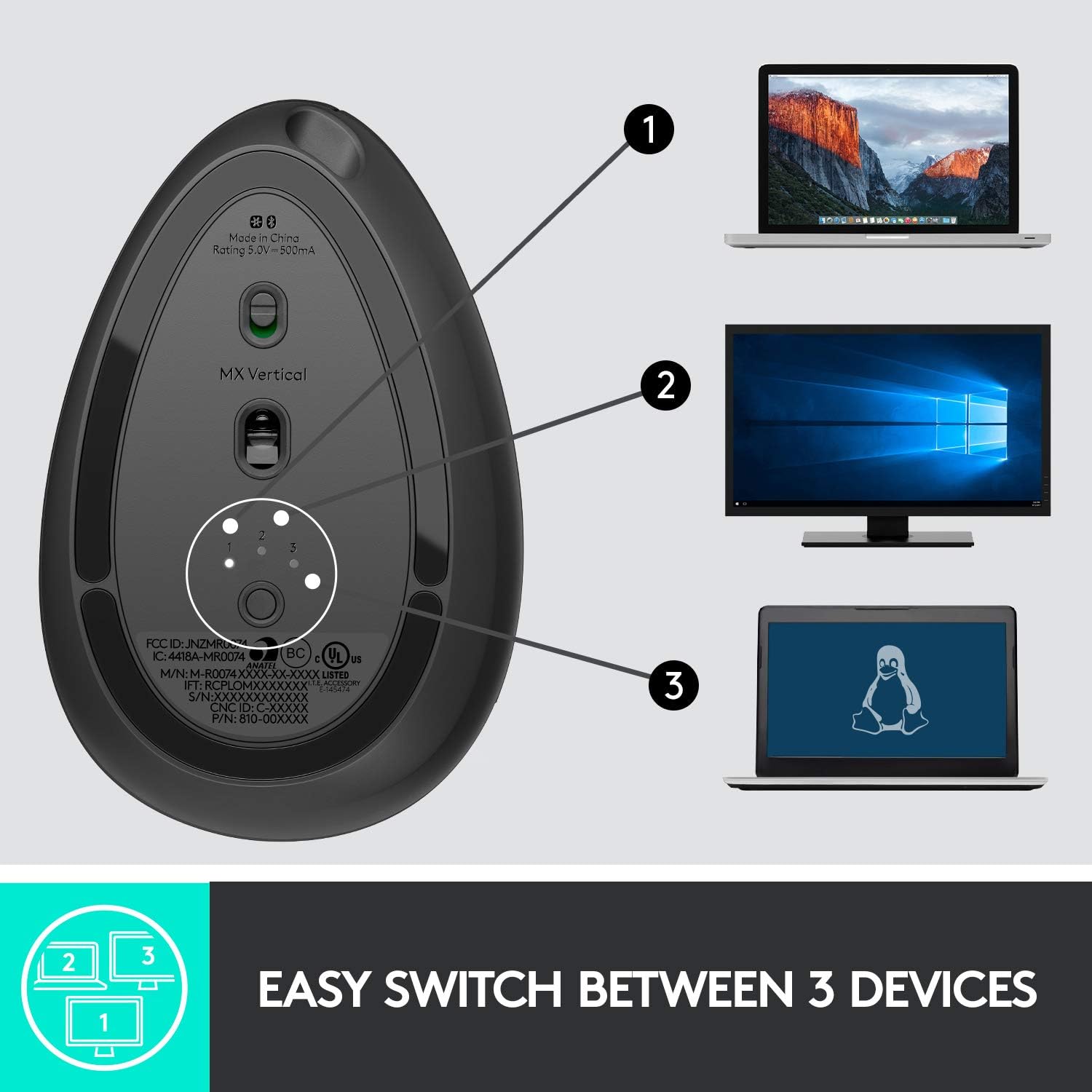 Logitech MX Vertical Wireless Mouse – Ergonomic Design Reduces Muscle Strain, Move Content Between 3 Windows and Apple Computers, Rechargeable, Graphite-7