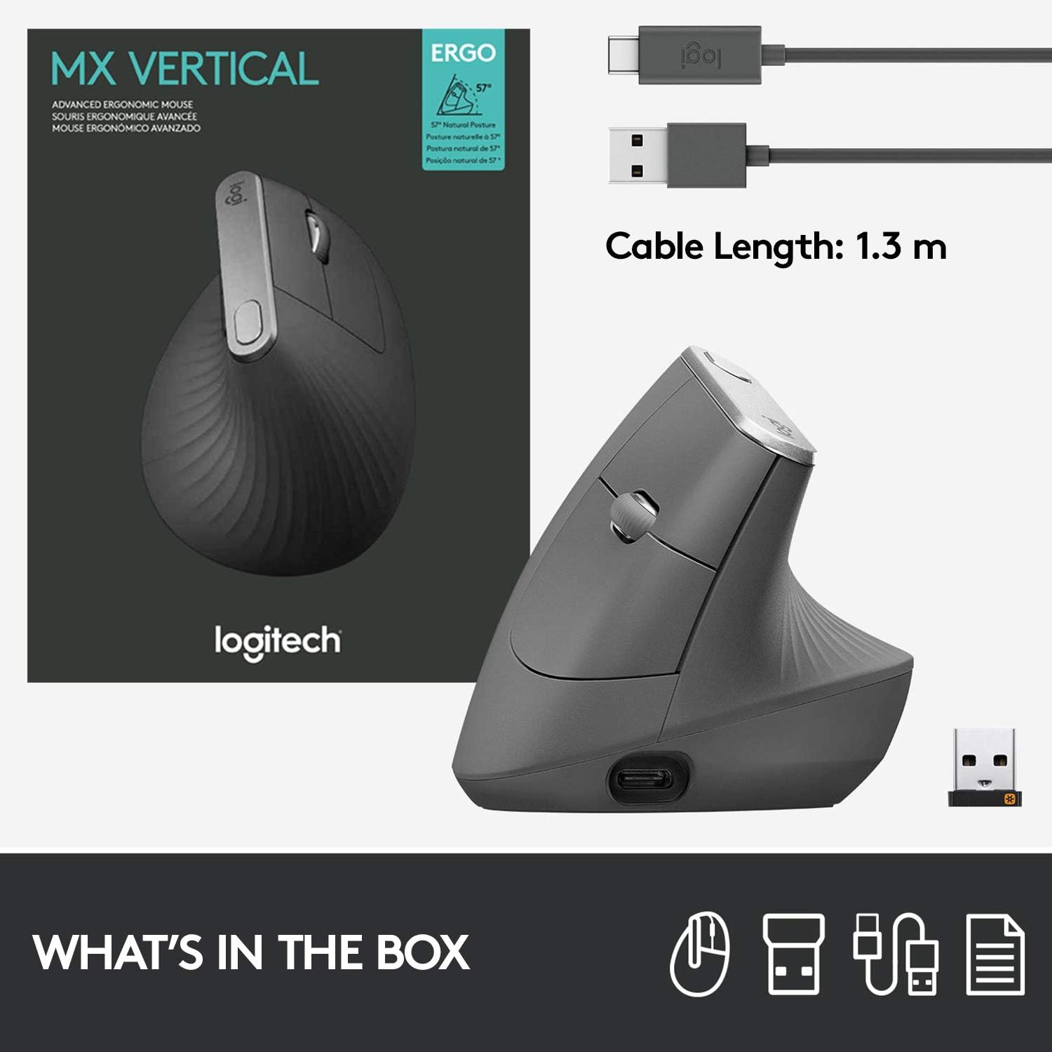 Logitech MX Vertical Wireless Mouse – Ergonomic Design Reduces Muscle Strain, Move Content Between 3 Windows and Apple Computers, Rechargeable, Graphite-8