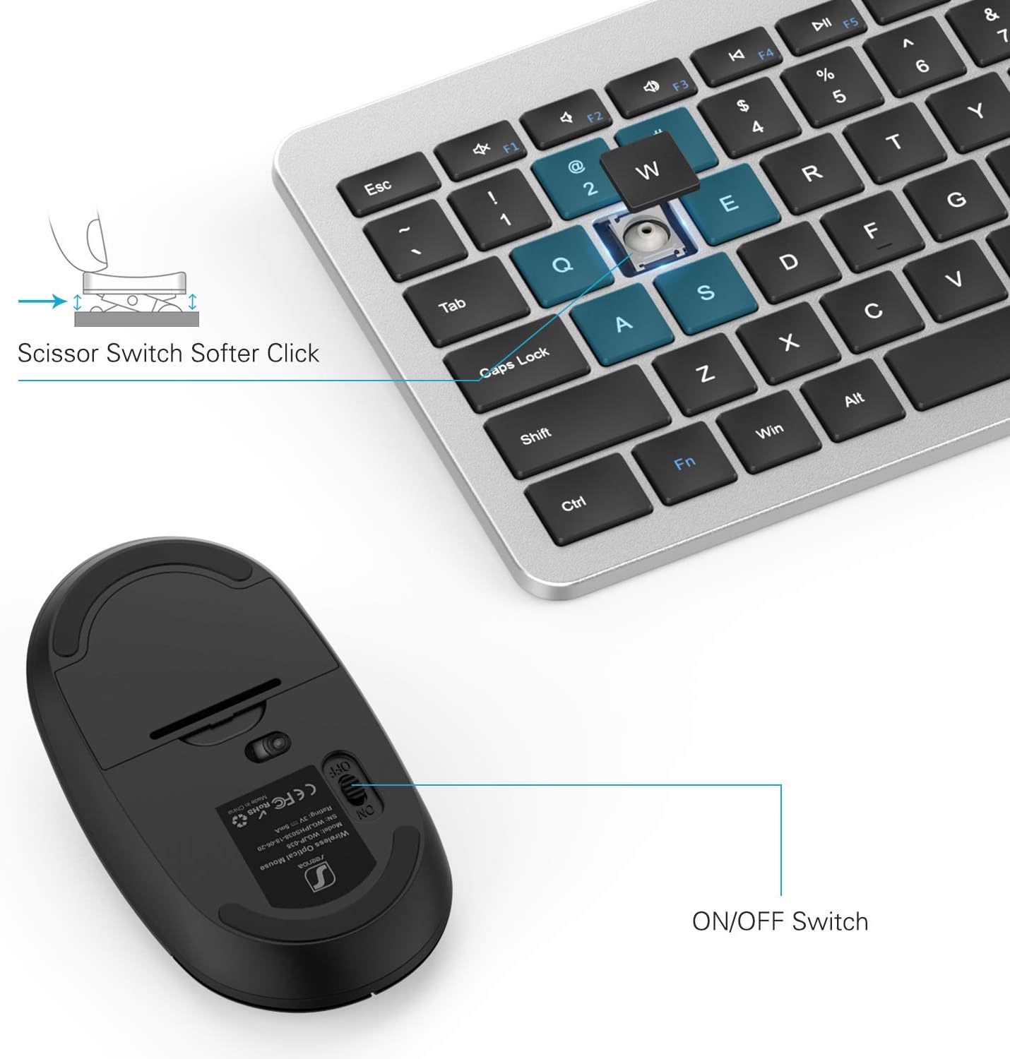 Wireless Keyboard and Mouse Combo - seenda Full Size Slim Thin Wireless Keyboard Mouse with On/Off Switch on Both Keyboard and Mouse - (Black and Silver)-1