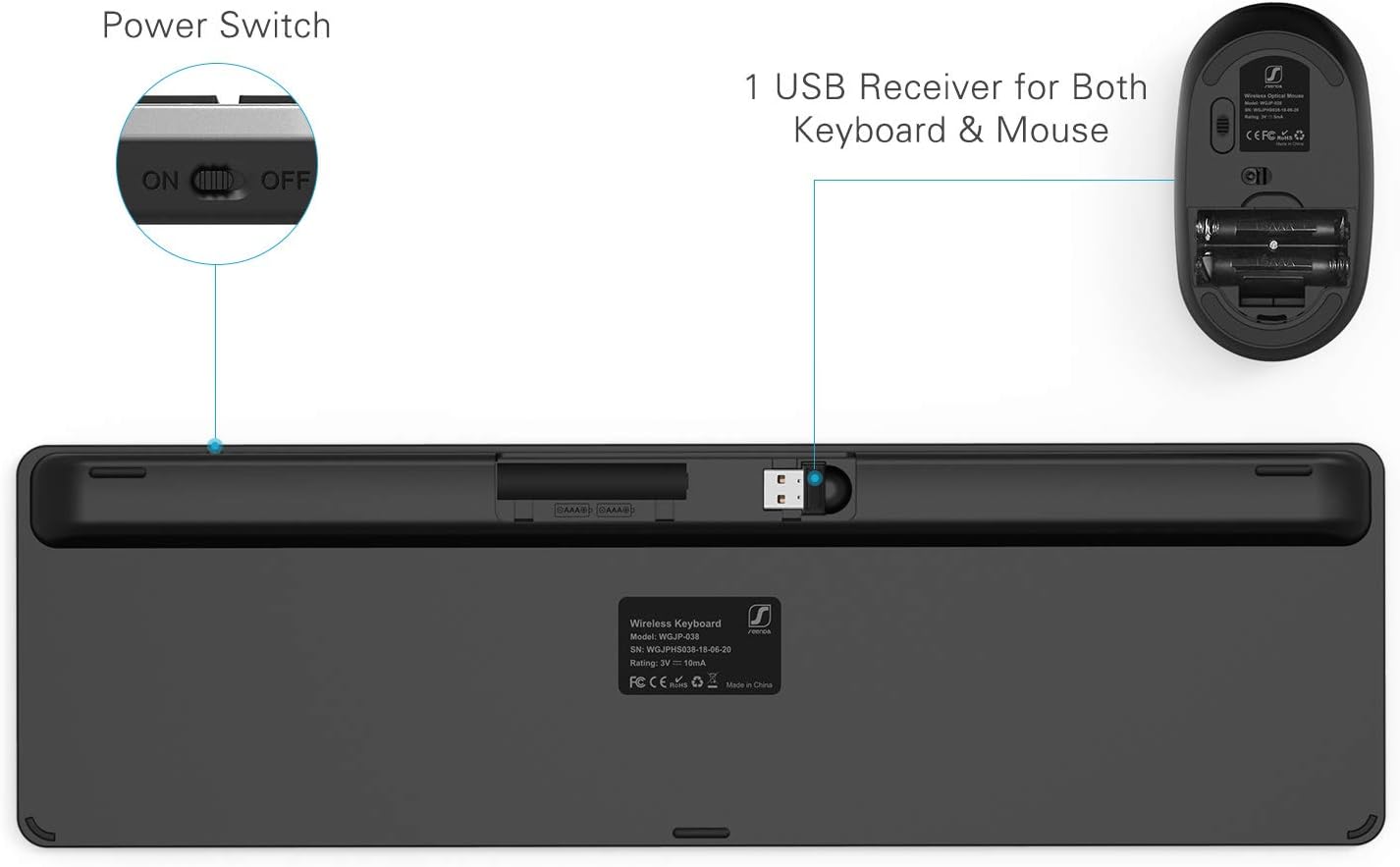 Wireless Keyboard and Mouse Combo - seenda Full Size Slim Thin Wireless Keyboard Mouse with On/Off Switch on Both Keyboard and Mouse - (Black and Silver)-5