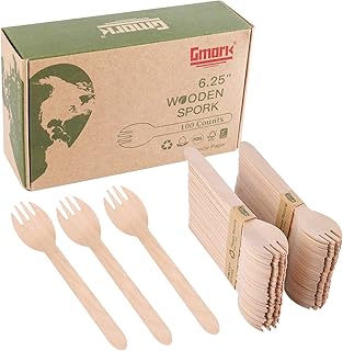 Gmark Eco-friendly Wooden Sporks 100 ct, Disposable Spoon Fork 2-in-1 Cutlery, 6.25" Birchwood Green Natural Product GM1033A