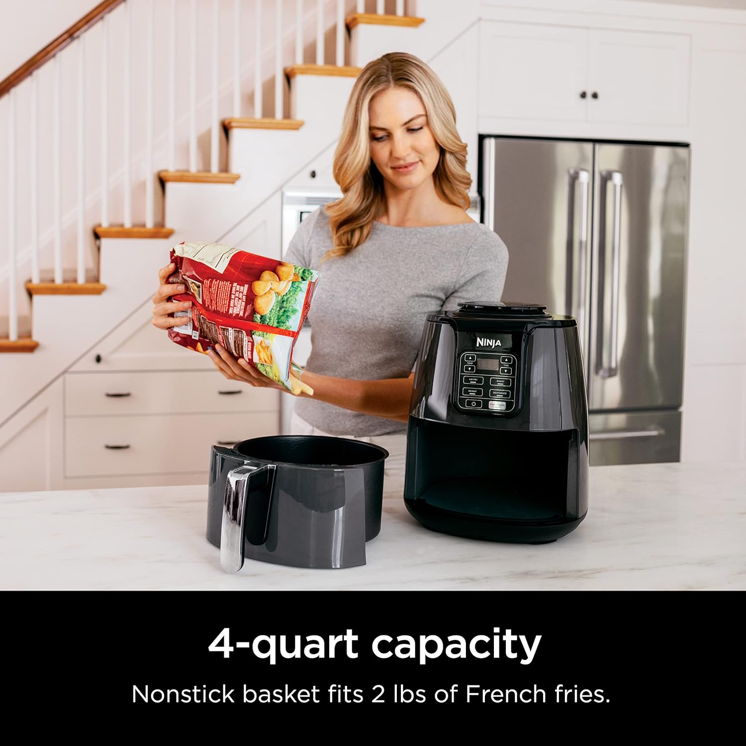 Ninja Air Fryer, Roast, Bake, Air Fry, Roast, Broil, Reheats, & Dehydrates, 4-in-1, Fries, Frozen Food, Veggies, and Juicy Meat, Less Oil, Easy Meals, Healthy Meals, Compact, 4 QT, Grey, AF101-1