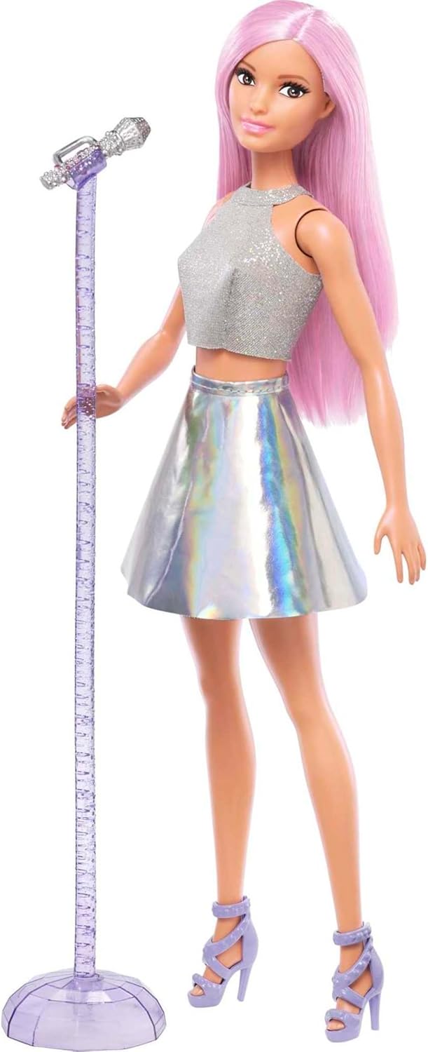 Barbie Careers Fashion Doll & Accessory, Pop Star with Pink Hair & Brown Eyes Wearing Iridescent Skirt with Microphone-0