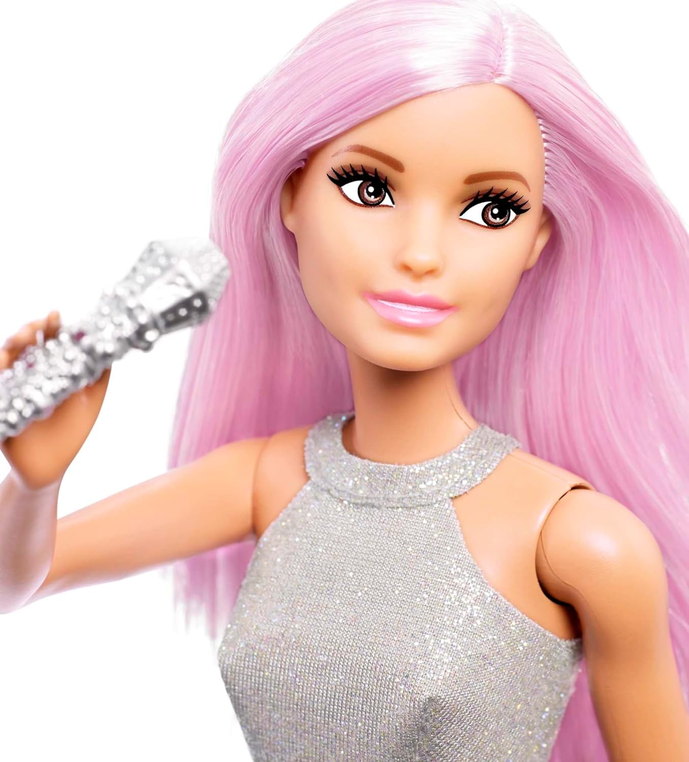 Barbie Careers Fashion Doll & Accessory, Pop Star with Pink Hair & Brown Eyes Wearing Iridescent Skirt with Microphone-2