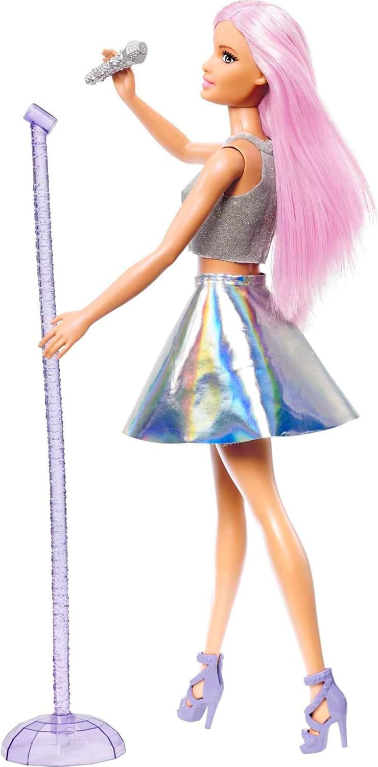 Barbie Careers Fashion Doll & Accessory, Pop Star with Pink Hair & Brown Eyes Wearing Iridescent Skirt with Microphone-4