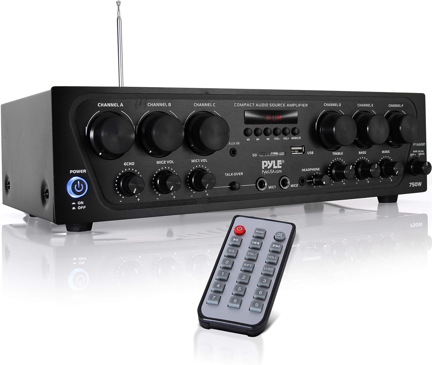 Pyle Wireless Bluetooth Home Audio Amplifier System-Upgraded 6 Channel 750 Watt Sound Power Stereo Receiver w/USB, Micro SD, Headphone,2 Microphone Input w/Echo, Talkover for PA - PTA62BT.5-0