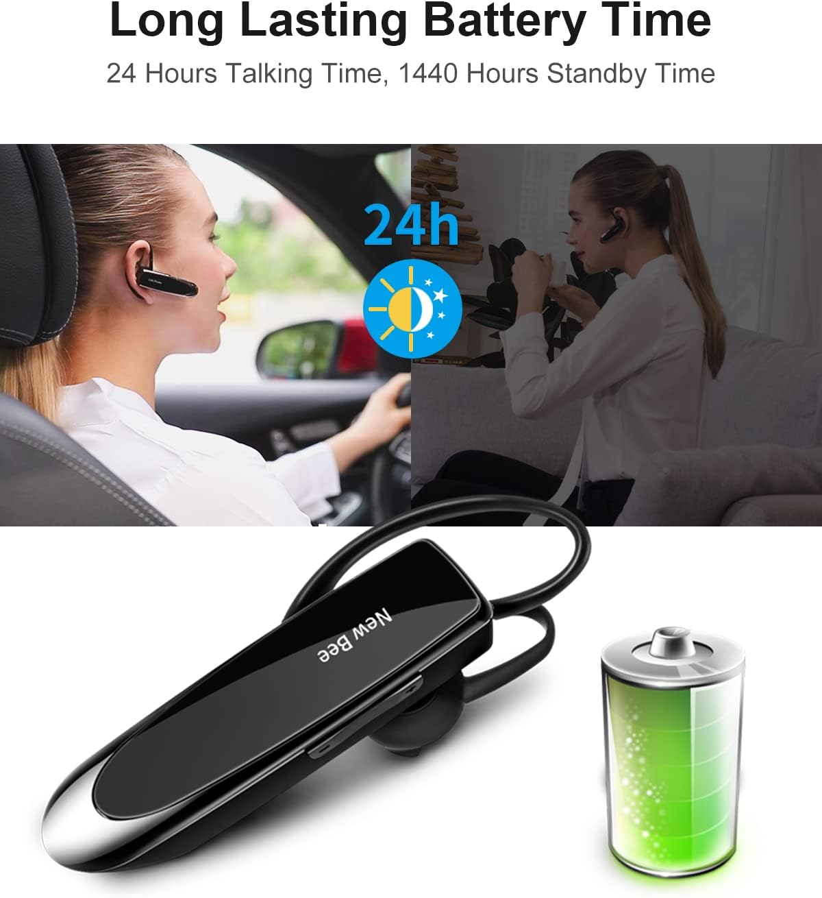 New bee Bluetooth Earpiece V5.0 Wireless Handsfree Headset with Microphone 24 Hrs Driving Headset 60 Days Standby Time for iPhone Android Samsung Laptop Trucker Driver (Black)-2