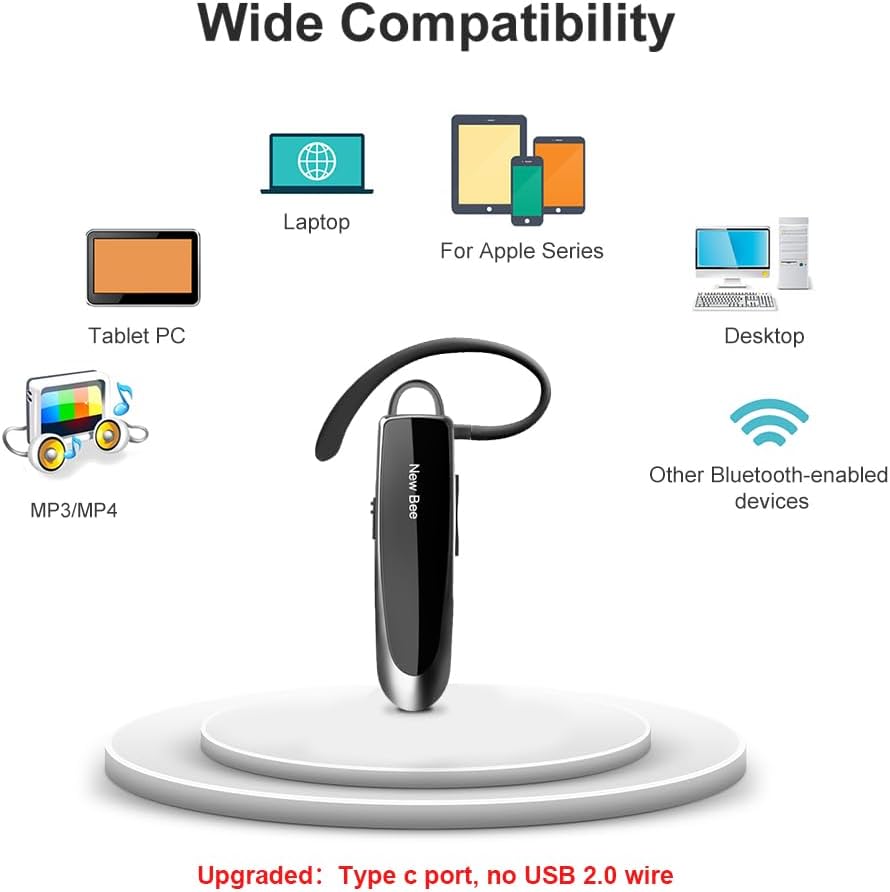 New bee Bluetooth Earpiece V5.0 Wireless Handsfree Headset with Microphone 24 Hrs Driving Headset 60 Days Standby Time for iPhone Android Samsung Laptop Trucker Driver (Black)-4