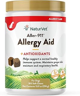 NaturVet Aller-911 Advanced Allergy Aid for Dogs, Cats – Antioxidant-Rich Pet Supplement with Omegas, DHA, EPA – Helps Support Dog Immune System, Cat Respiratory Health, Skin Moisture 180 Soft Chews