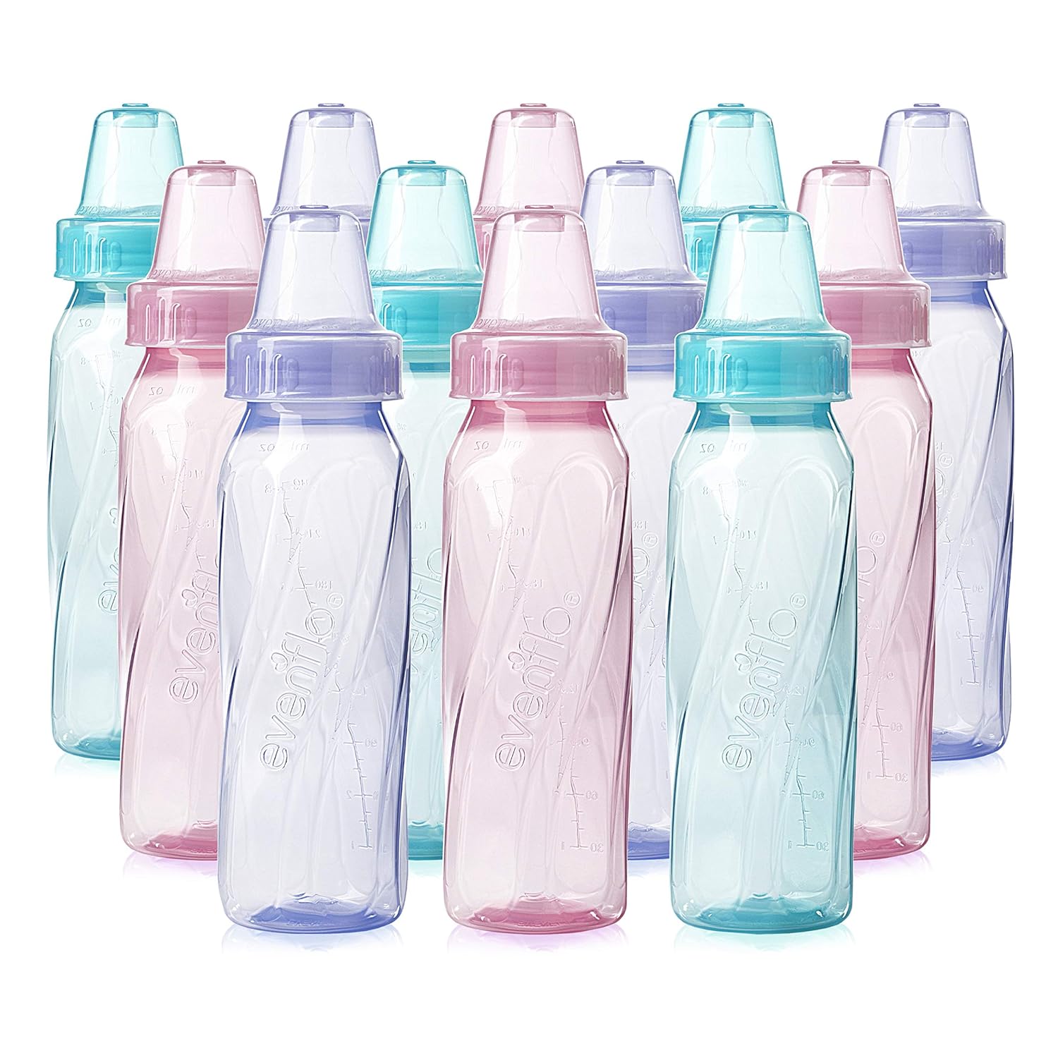 Evenflo Feeding Classic Tinted Plastic Standard Neck Bottles for Baby, Infant and Newborn, Pink/Lavender/Teal, 8 Ounce (Pack of 12)-0