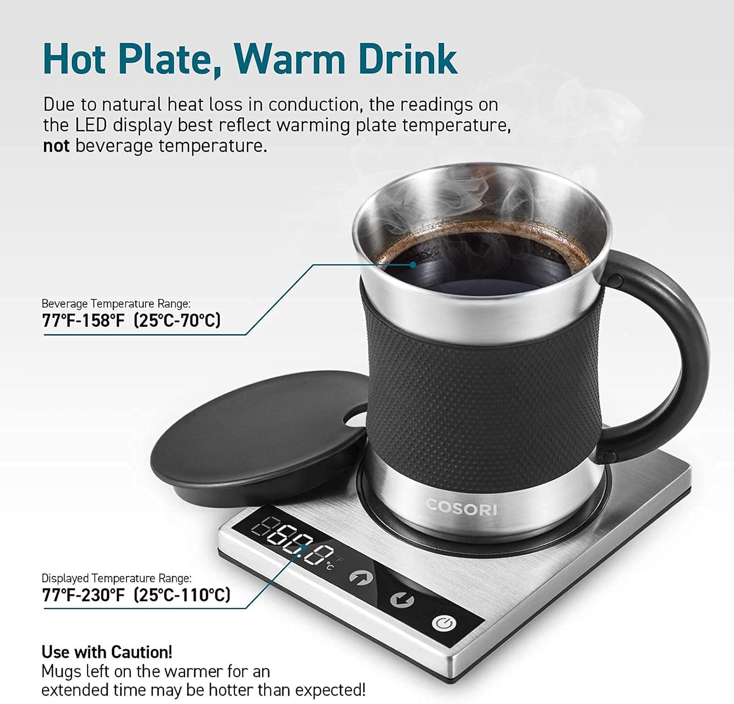 COSORI Coffee Mug Warmer & Mug Set for Desk, Cup Heater, Office & Christmas Gifts, 1°F Precise Temperature Control, Touch Tech & LCD Digital Display (77-194℉), 304 Stainless Steel, Silver/Black-4