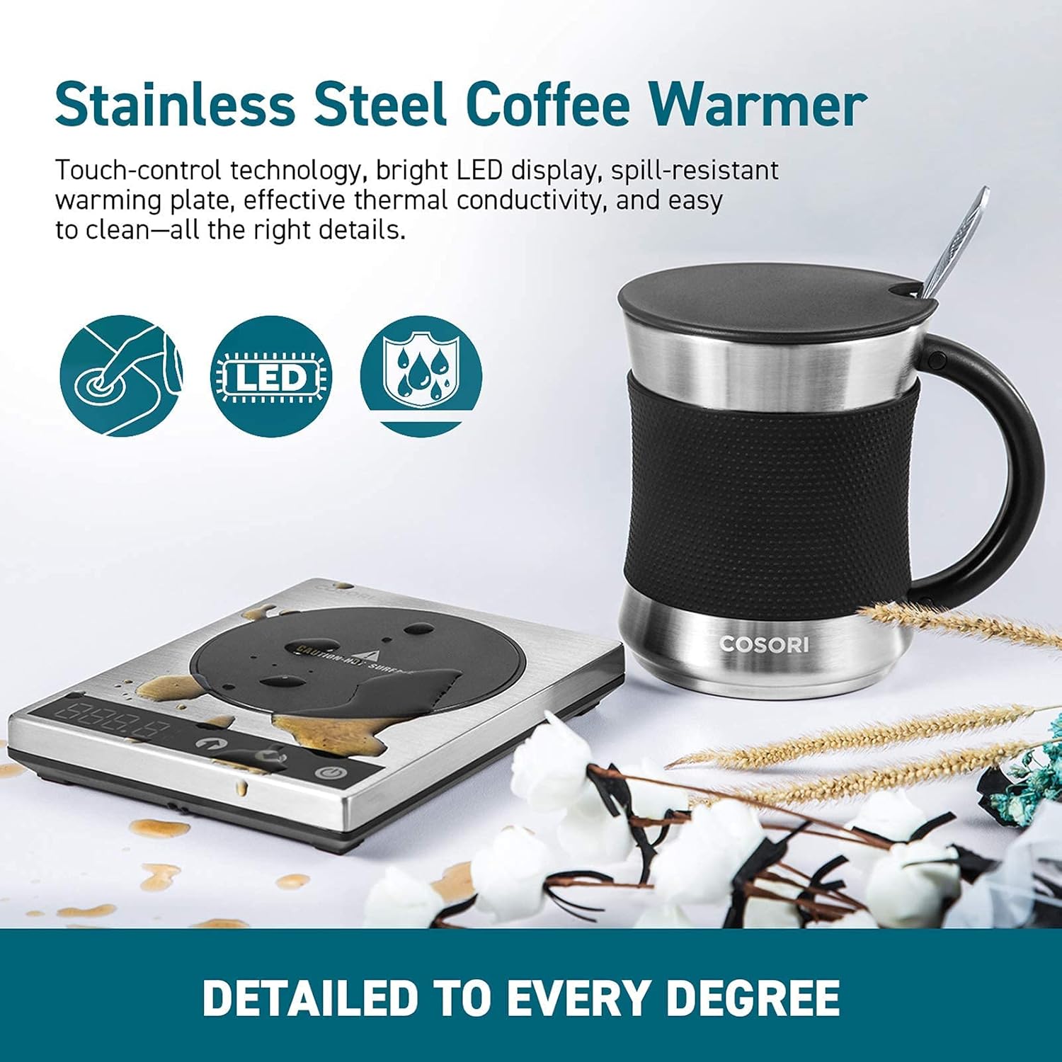 COSORI Coffee Mug Warmer & Mug Set for Desk, Cup Heater, Office & Christmas Gifts, 1°F Precise Temperature Control, Touch Tech & LCD Digital Display (77-194℉), 304 Stainless Steel, Silver/Black-6