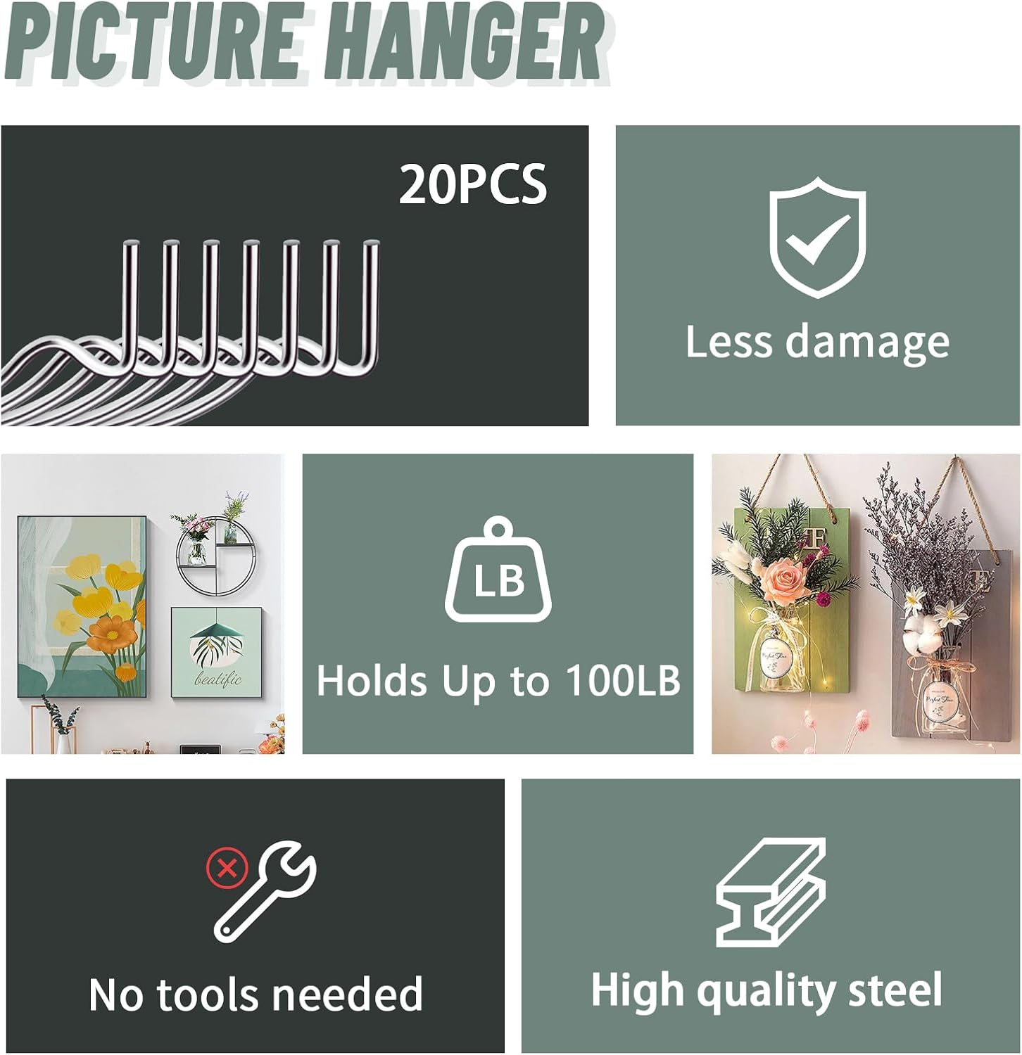 Picture Hangers,Drywall Hooks for Hanging Pictures,Wall Hooks, Picture Hangers, Picture Hanging Kit, Hang Art, Clock, Shelves, Mirrors, Frames, or Planters for Home and Office Decorations-20pcs-2