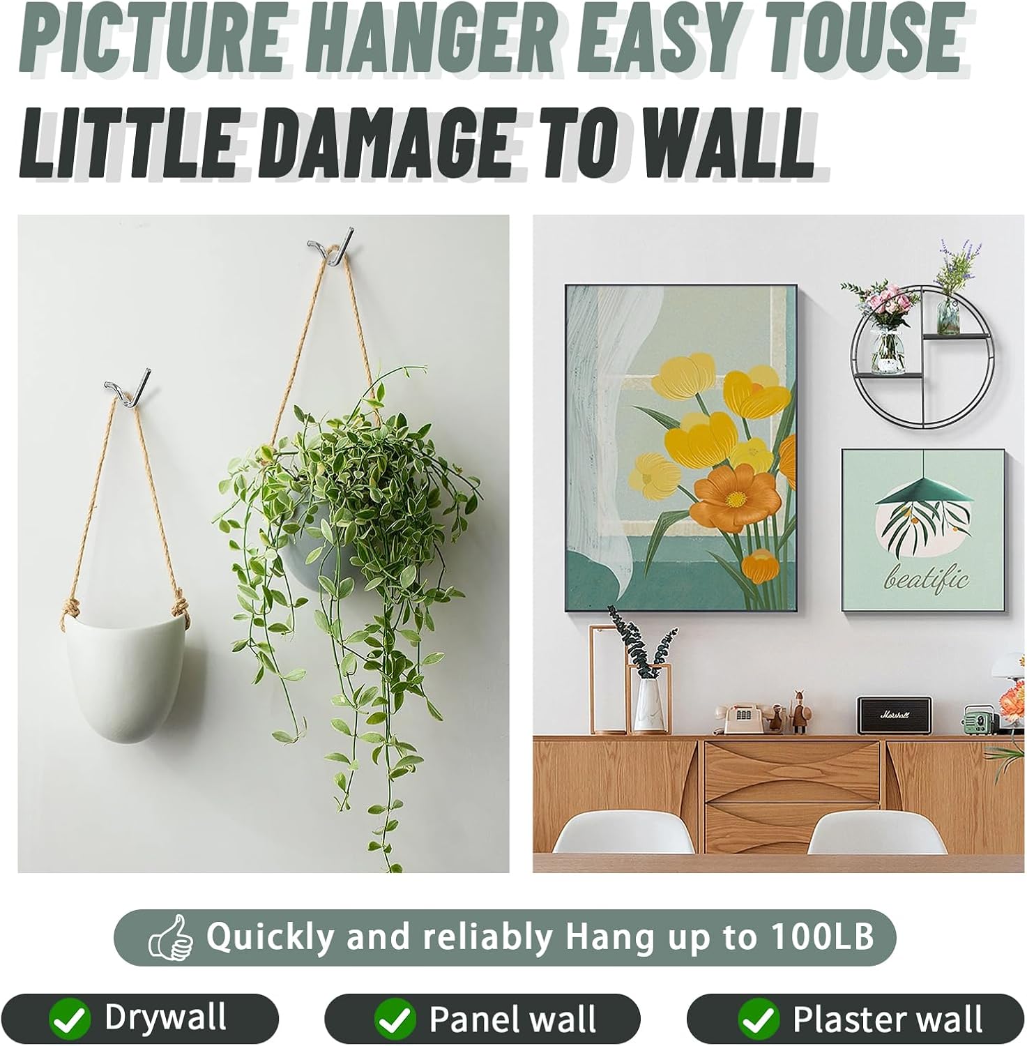 Picture Hangers,Drywall Hooks for Hanging Pictures,Wall Hooks, Picture Hangers, Picture Hanging Kit, Hang Art, Clock, Shelves, Mirrors, Frames, or Planters for Home and Office Decorations-20pcs-5