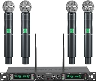 Phenyx Pro Wireless Microphone System, 4-Channel UHF Wireless Mic, Fixed Frequency Metal Cordless Mic with 4 Handheld Dynamic Microphones, 260ft Range, Microphone for Singing,Church(PTU-5000-4H)