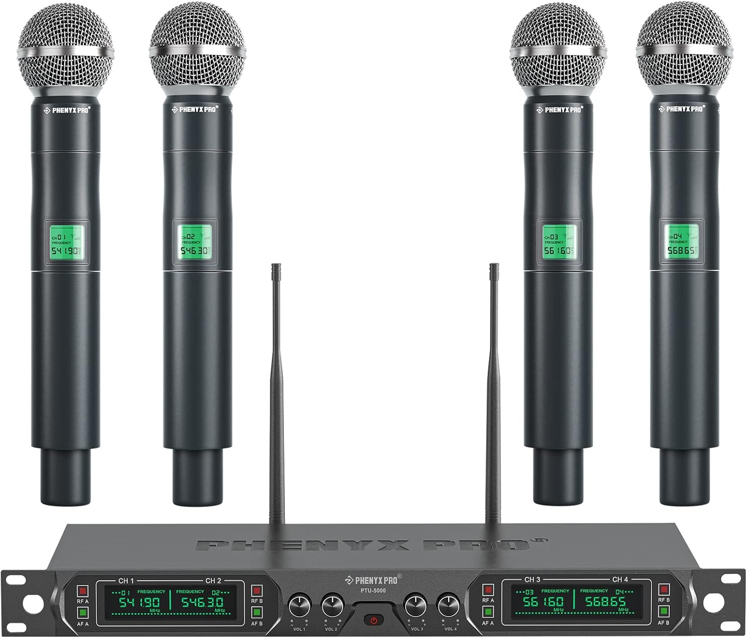 Phenyx Pro Wireless Microphone System, 4-Channel UHF Wireless Mic, Fixed Frequency Metal Cordless Mic with 4 Handheld Dynamic Microphones, 260ft Range, Microphone for Singing,Church(PTU-5000-4H)-0