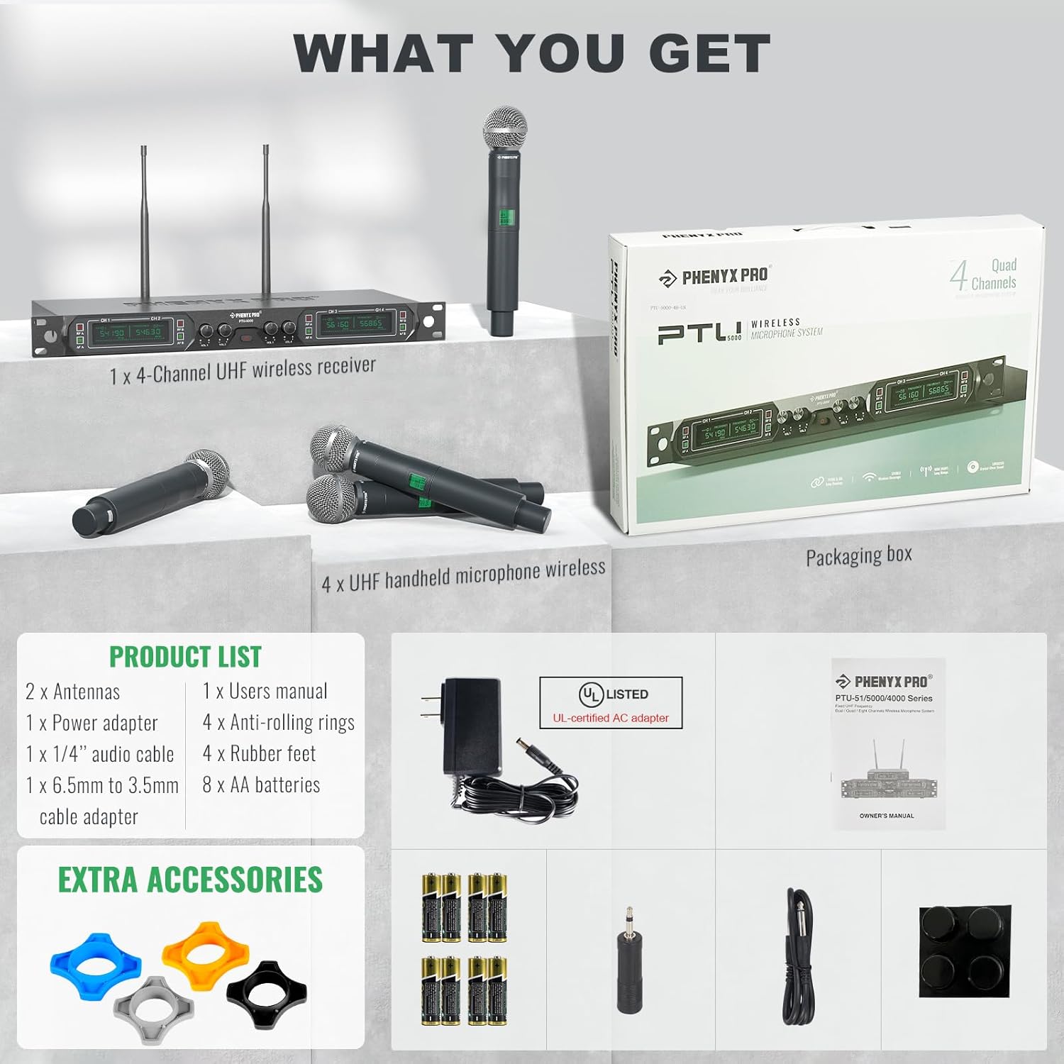 Phenyx Pro Wireless Microphone System, 4-Channel UHF Wireless Mic, Fixed Frequency Metal Cordless Mic with 4 Handheld Dynamic Microphones, 260ft Range, Microphone for Singing,Church(PTU-5000-4H)-6