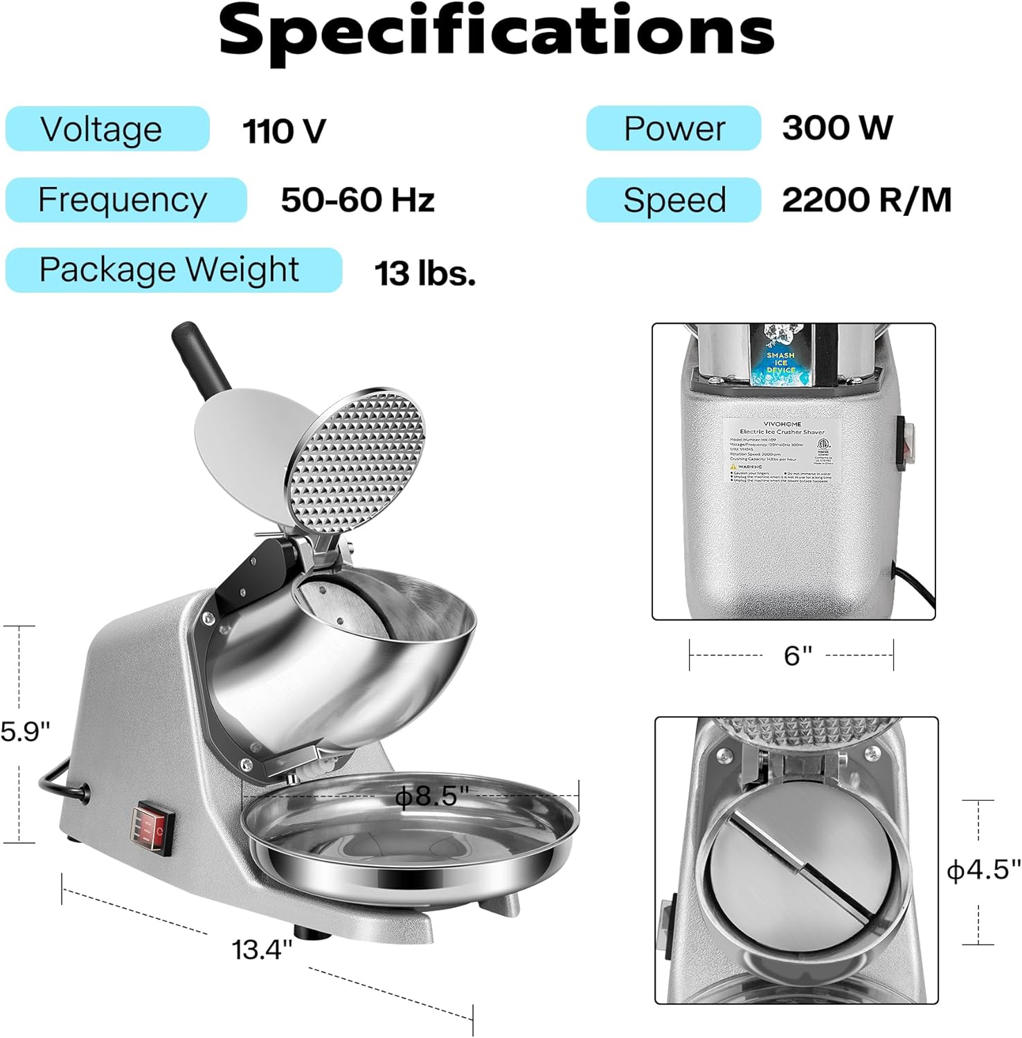 VIVOHOME Electric Dual Blades Ice Crusher Shaver Snow Cone Maker Machine Silver 173lbs/hr with Ice Pick for Home and Commercial Use-6