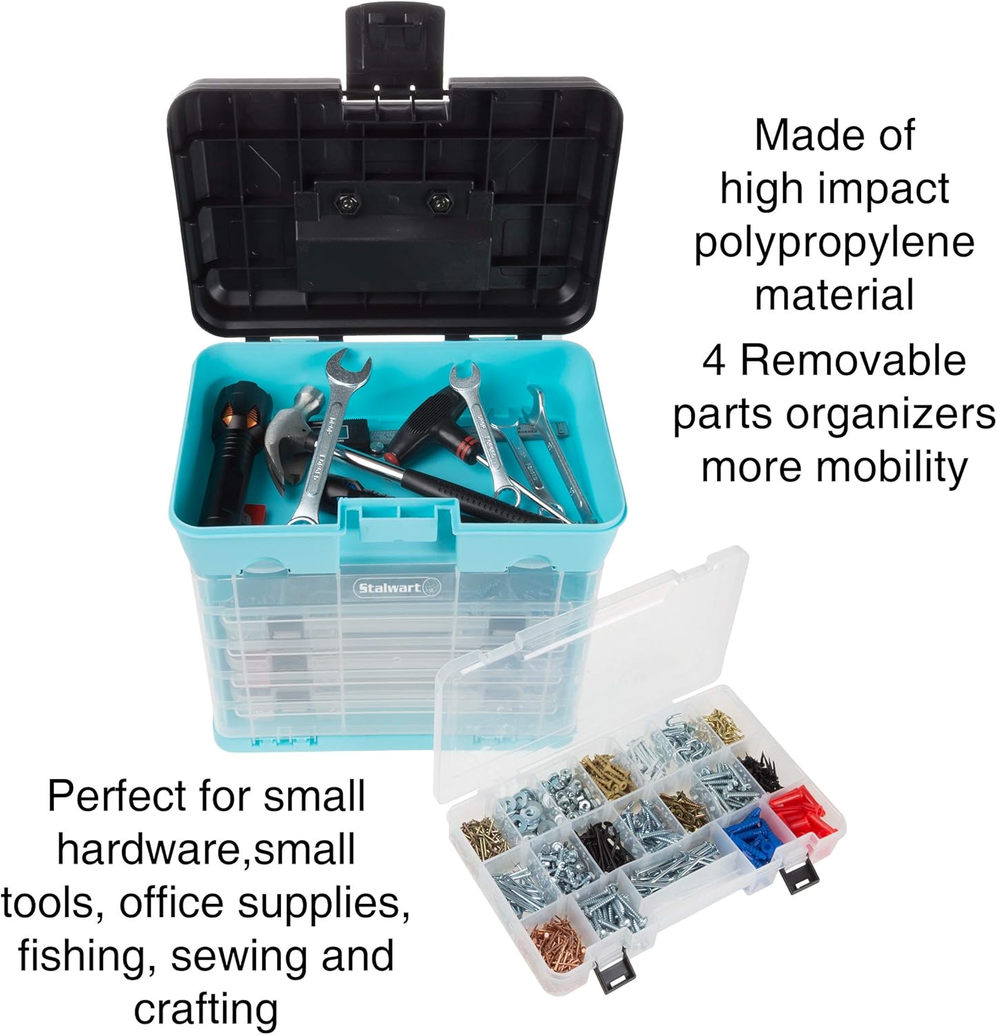 Portable Tool Box - Small Parts Organizer with Drawers and Customizable Compartments for Hardware, Tackle, Beads, or Crafts by Stalwart (Light Blue)-2