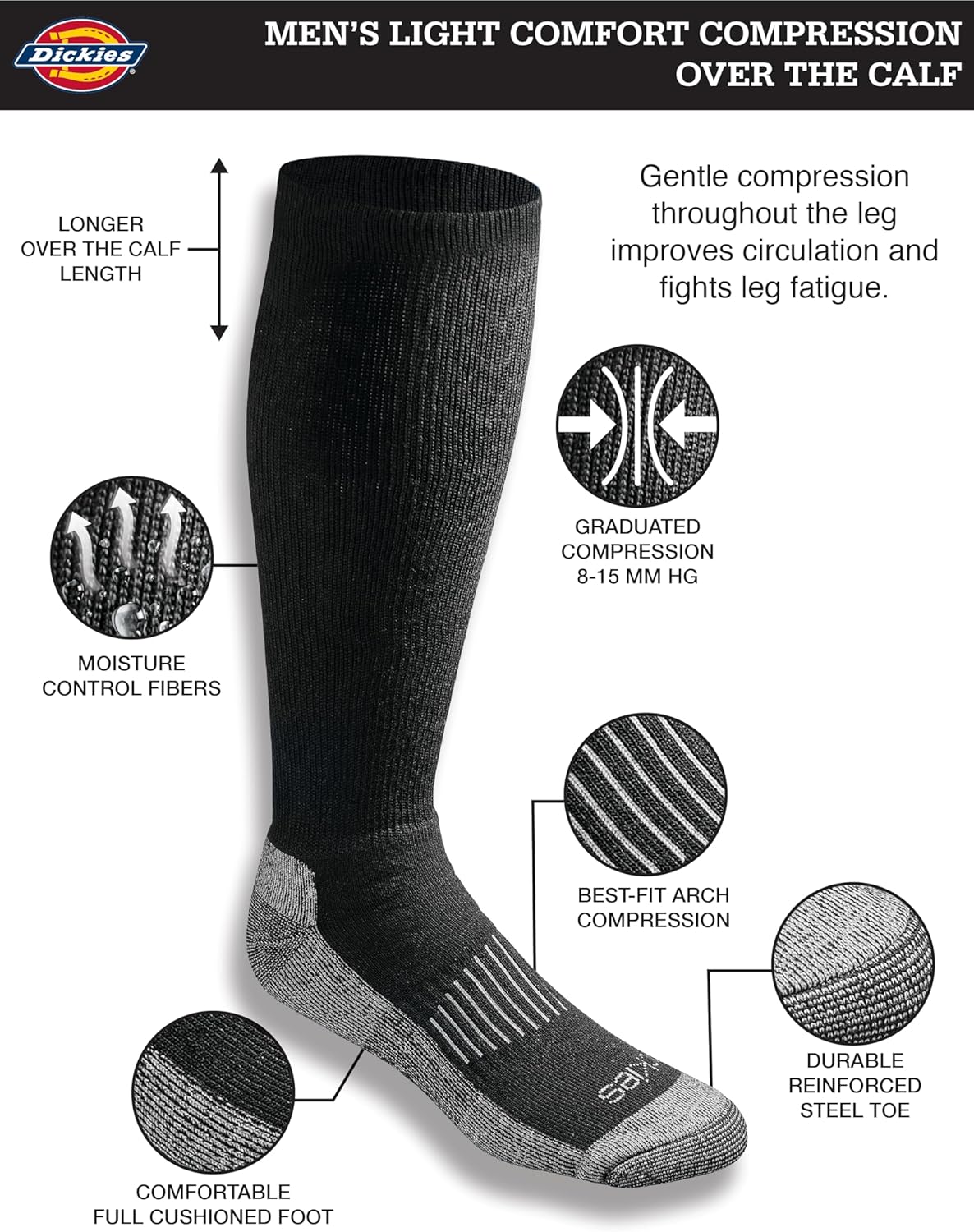 Dickies Men's Light Comfort Compression Over-The-Calf Socks, Available in M-XXL (2, 4 Pairs)-1