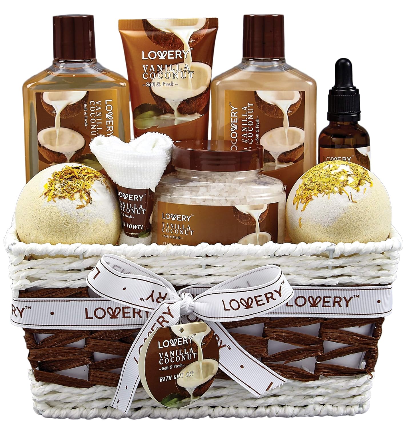 Bath and Body Gift Basket For Women and Men – 9 Piece Set of Vanilla Coconut Home Spa Set, Includes Fragrant Lotions, Extra Large Bath Bombs, Coconut Oil, Luxurious Bath Towel & More-0