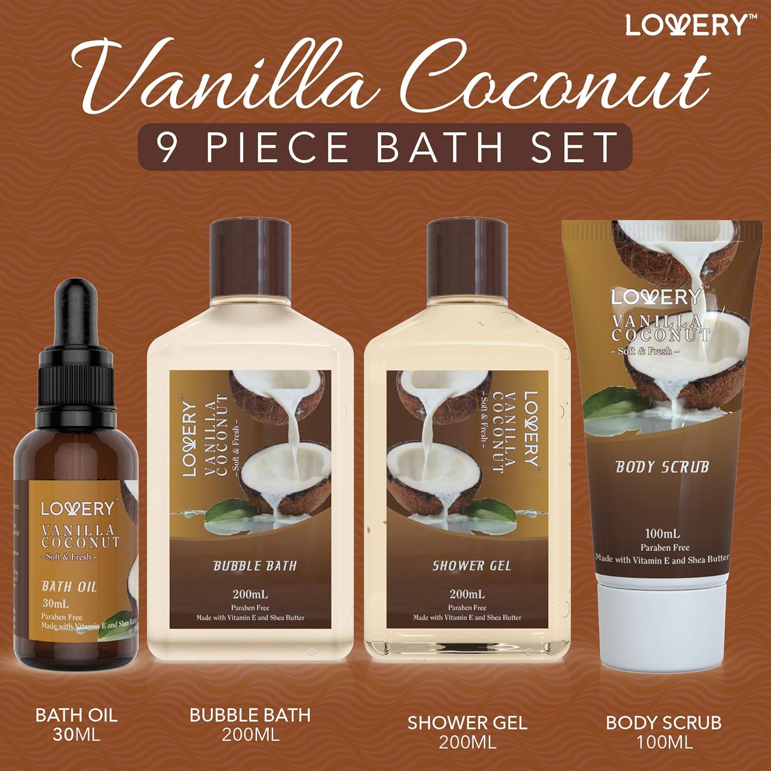 Bath and Body Gift Basket For Women and Men – 9 Piece Set of Vanilla Coconut Home Spa Set, Includes Fragrant Lotions, Extra Large Bath Bombs, Coconut Oil, Luxurious Bath Towel & More-1