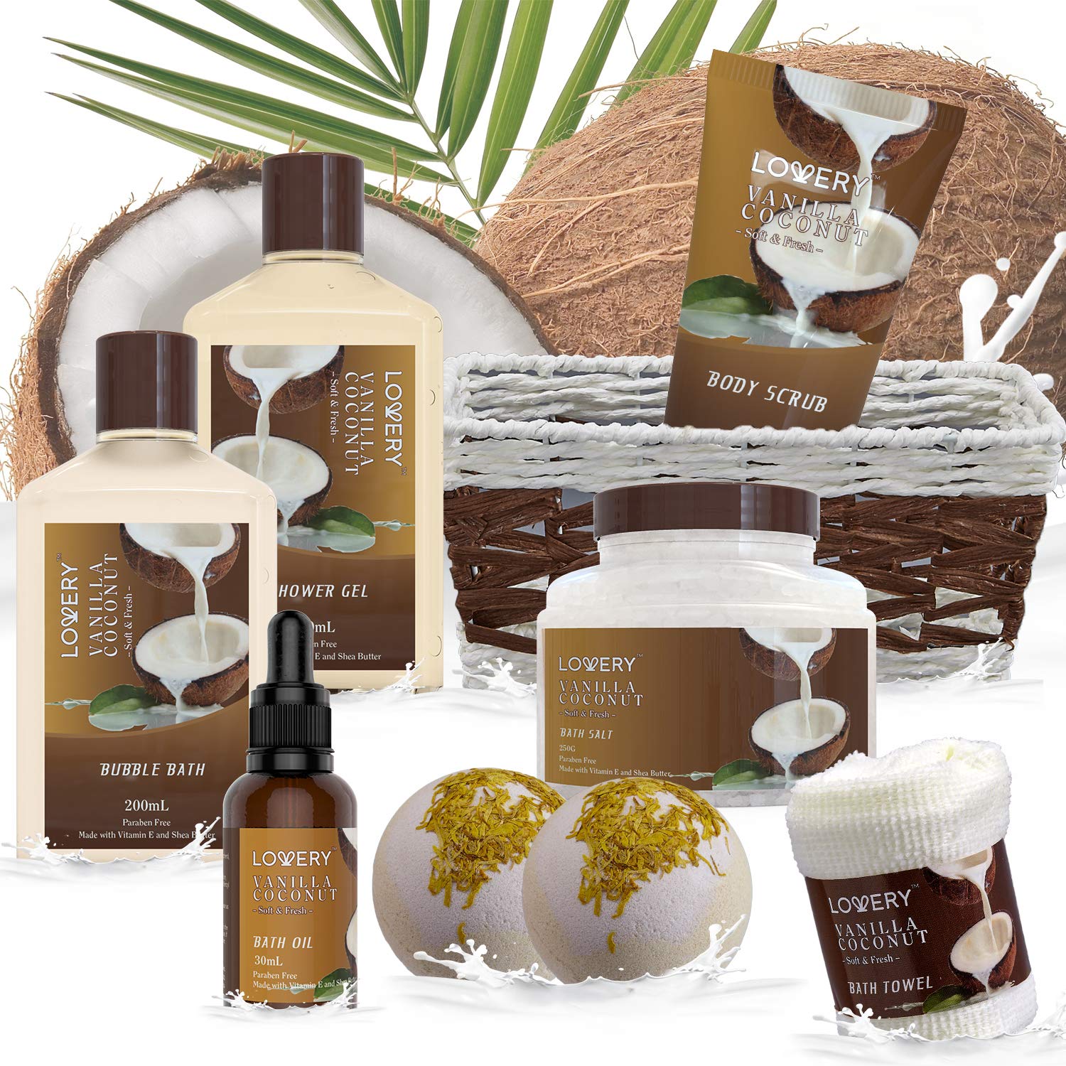 Bath and Body Gift Basket For Women and Men – 9 Piece Set of Vanilla Coconut Home Spa Set, Includes Fragrant Lotions, Extra Large Bath Bombs, Coconut Oil, Luxurious Bath Towel & More-4