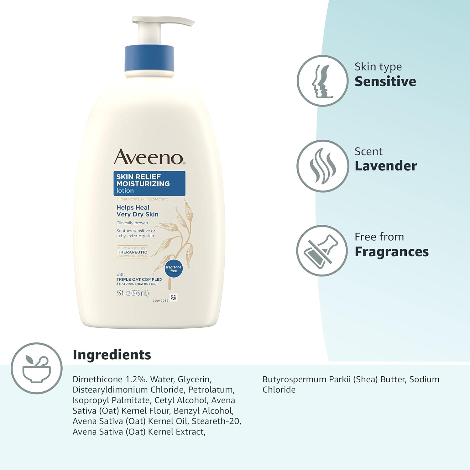 Aveeno Skin Relief Moisturizing Lotion for Very Dry Skin with Soothing Triple Oat & Shea Butter Formula, Dimethicone Skin Protectant Helps Heal Itchy, Dry Skin, Fragrance-Free, 33 fl. oz-10